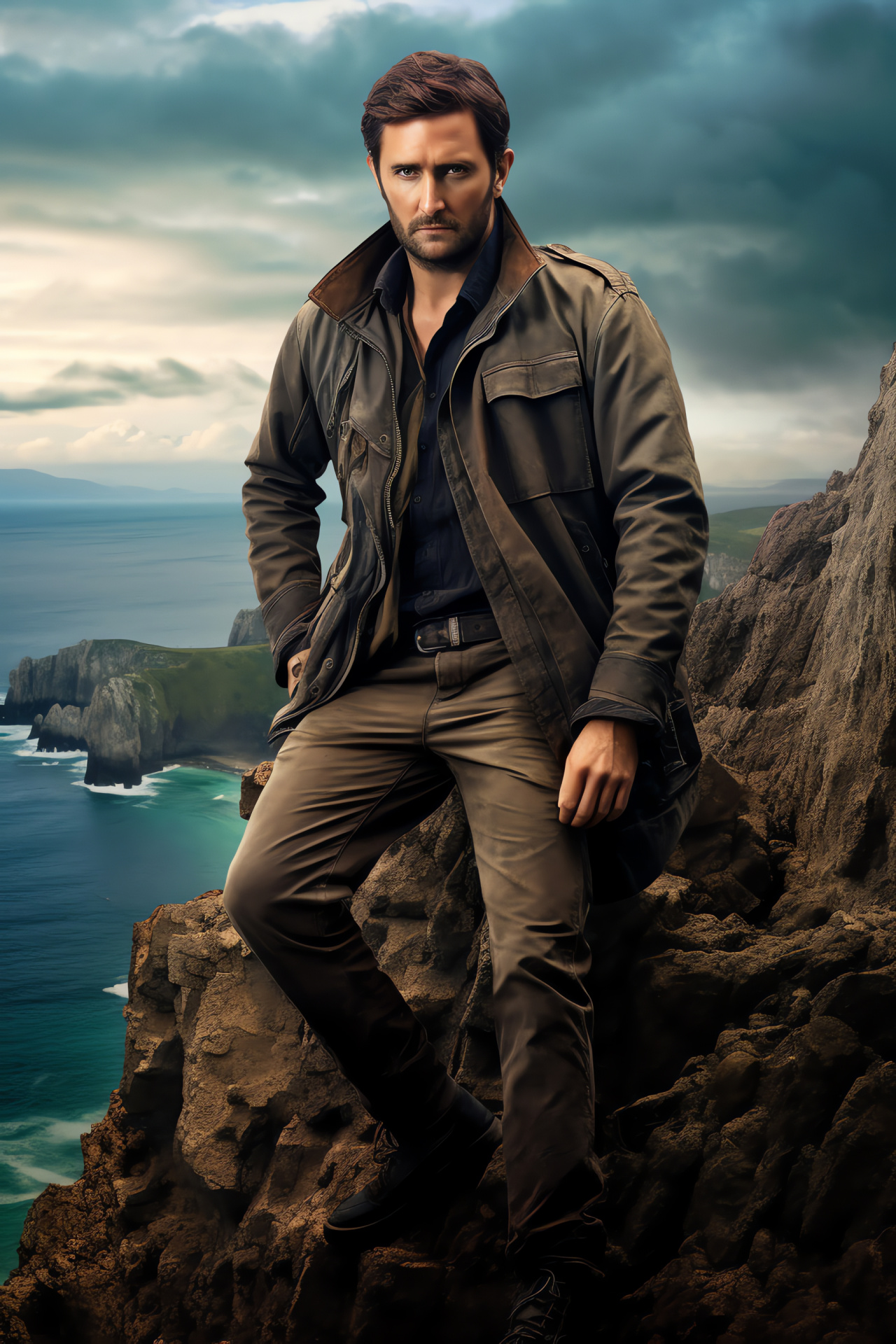 Dramatic actor, Oceanic backdrop, Cliff scenery, Stunt preparation, Cinematic landscape, HD Phone Image