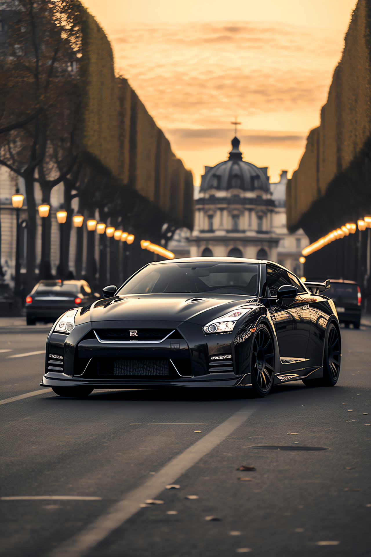 Nissan GTR R35, Black Edition trim, Parisian backdrop, High-gloss vehicle, Racing-inspired, HD Phone Wallpaper