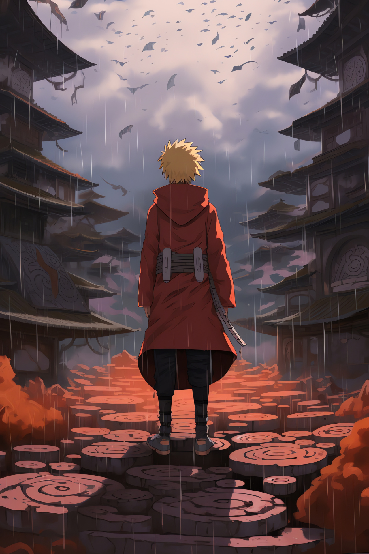 Naruto anime, Pain character, Akatsuki organization, Hidden Rain Village scenes, Konoha destruction aftermath, HD Phone Wallpaper