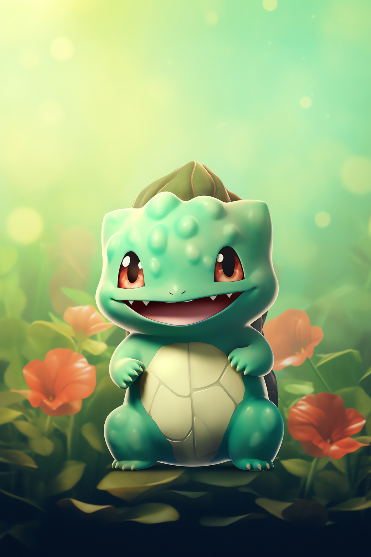 Bulbasaur in greenery, Grass-type charm, Poke-buddy with wide eyes, Friendly facade, Vivid skin texture, HD Phone Wallpaper