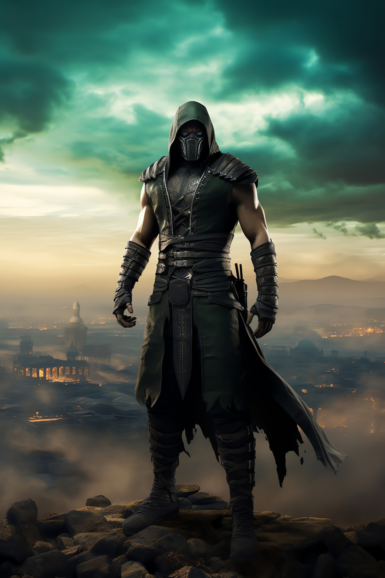 Netherrealm warrior perch, Barren landscape exposure, Dire MK backdrop, Tattered cityscape, Noir ambiance, HD Phone Image