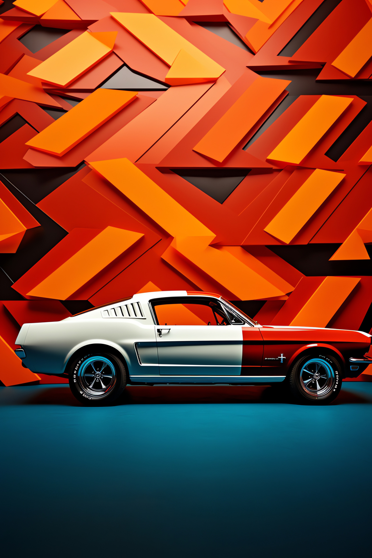 Classic Mustang, Geometric backdrop creativity, Automotive contrast, Artistic presentation, Car side profile, HD Phone Image