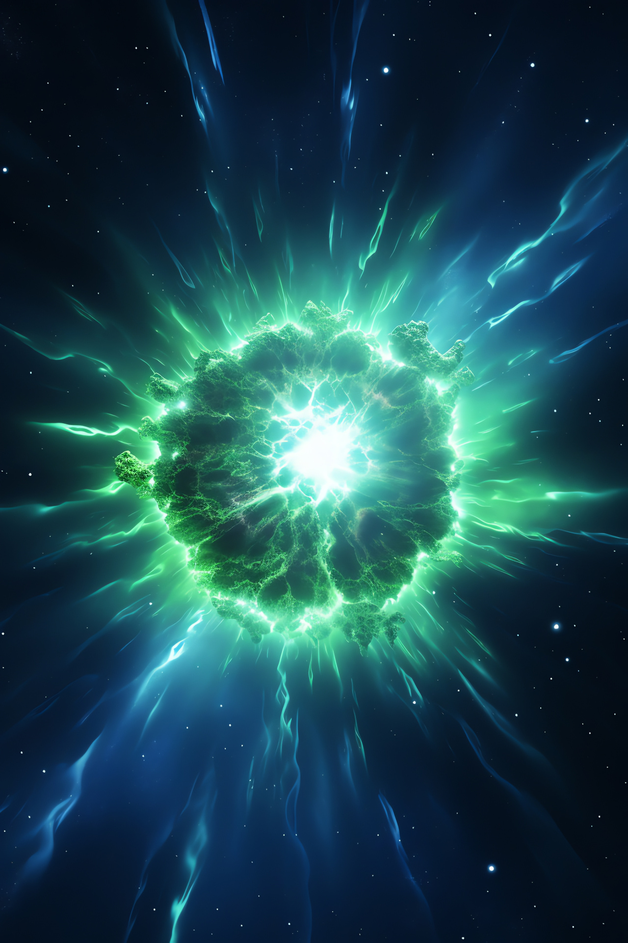 Neon glow supernova, Ethereal space colors, Cosmic display, Green azure spectacle, Galactic explosion, HD Phone Image