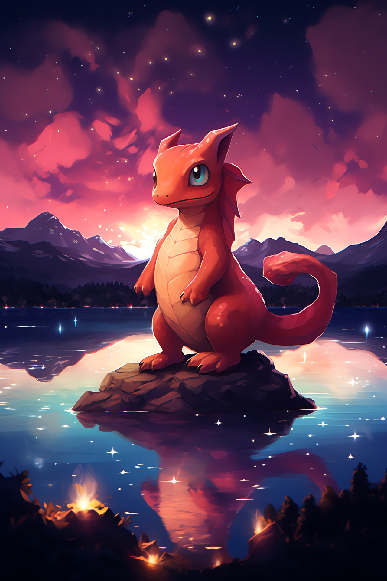 Charmeleon, Evening celestial scene, Quiet waterside setting, Glimmering ambiance, Pokemon under night sky, HD Phone Wallpaper