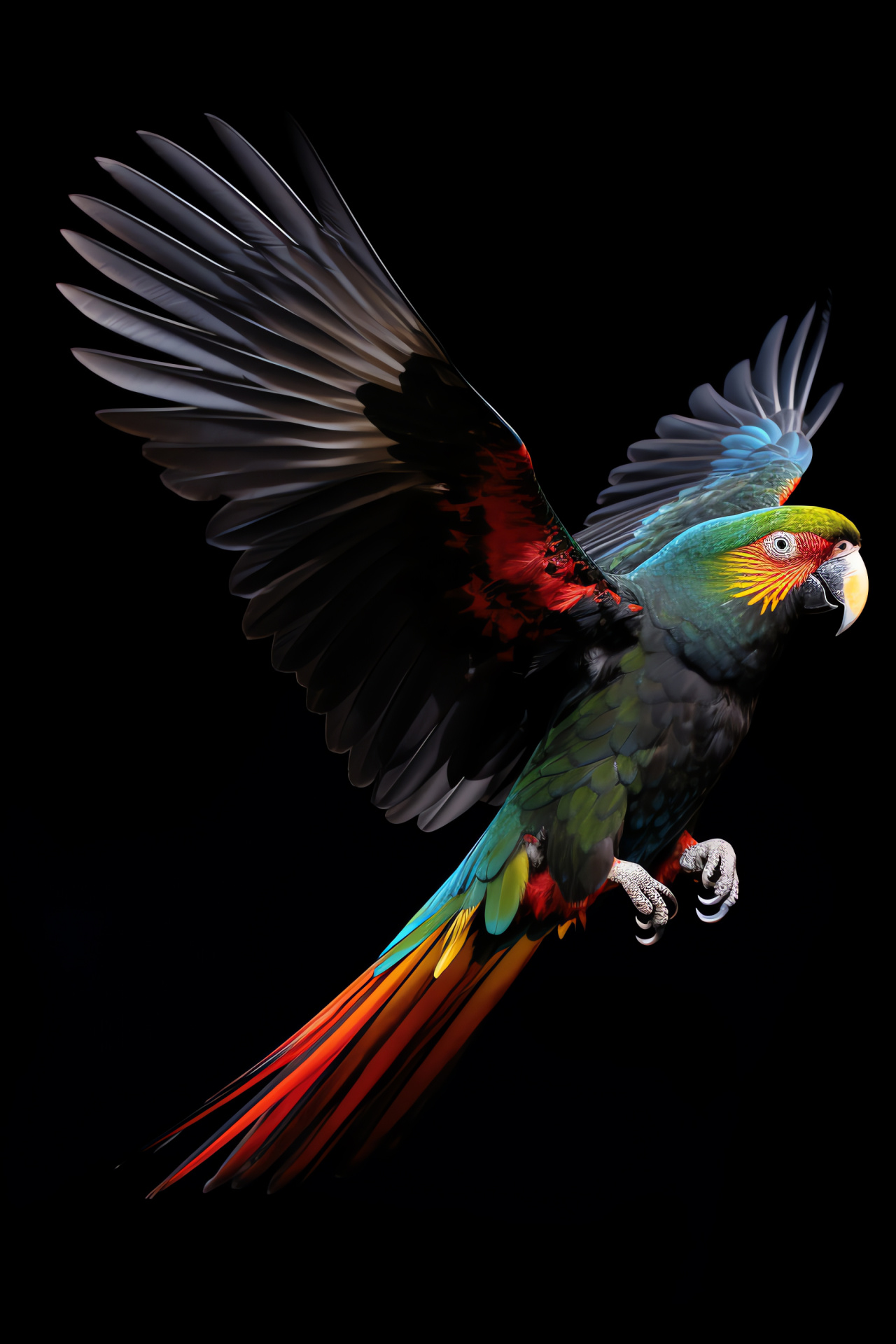 Flight parrot, bird motion, colorful wings, stark backgrounds, avian dynamics, HD Phone Wallpaper