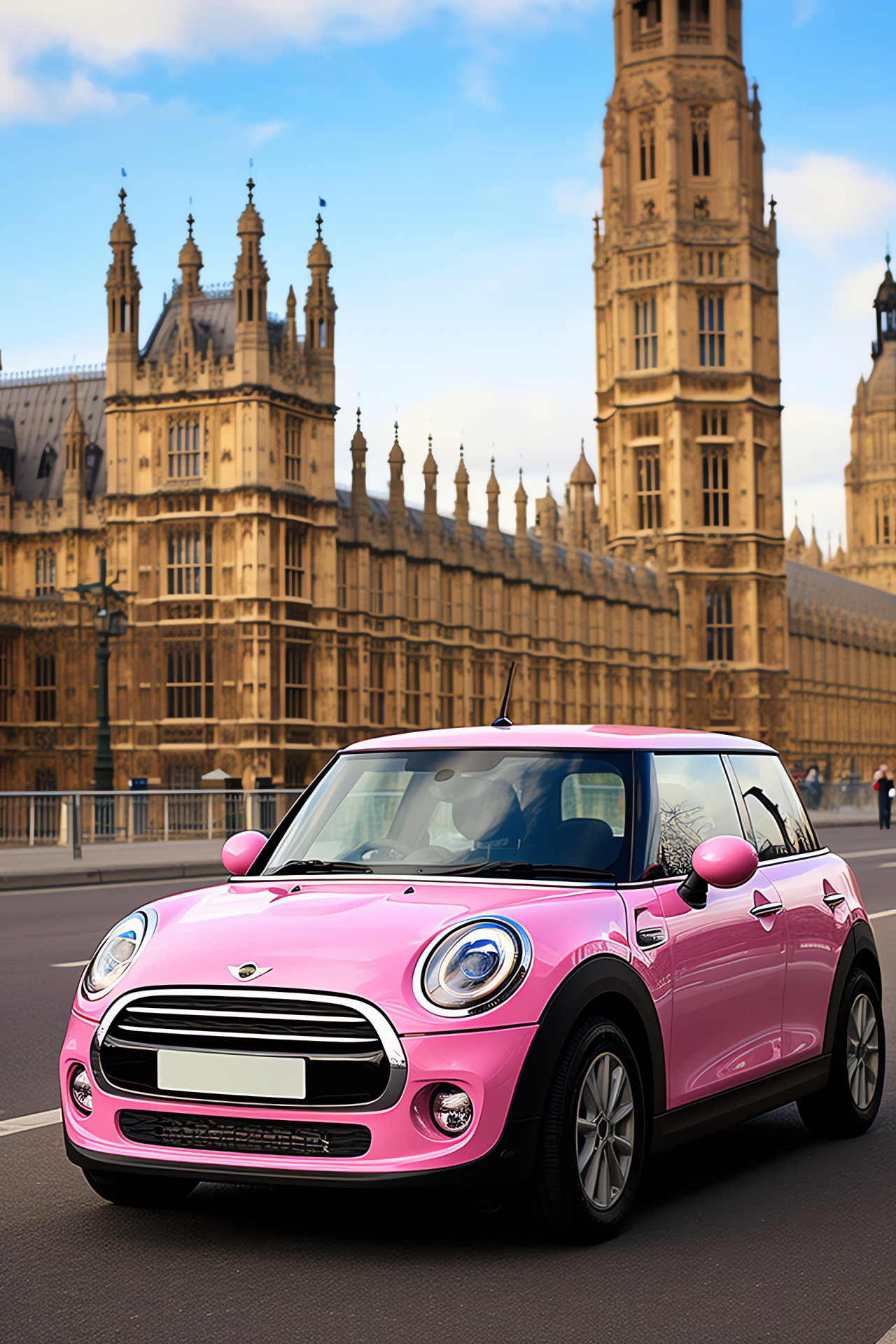 Pink Mini Cooper S, London cityscape, Iconic British automobile, England's capital landmarks, Urban driving, HD Phone Wallpaper