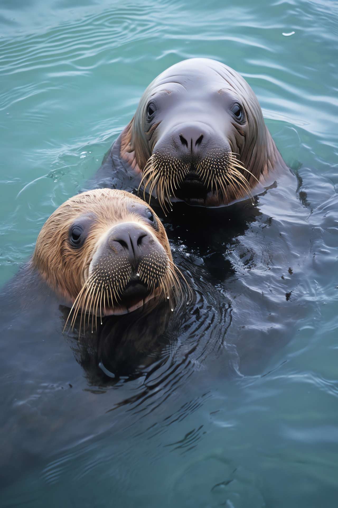 Marine mammal, motherly figure, soft gaze, offspring warmth, sandy hide, HD Phone Image