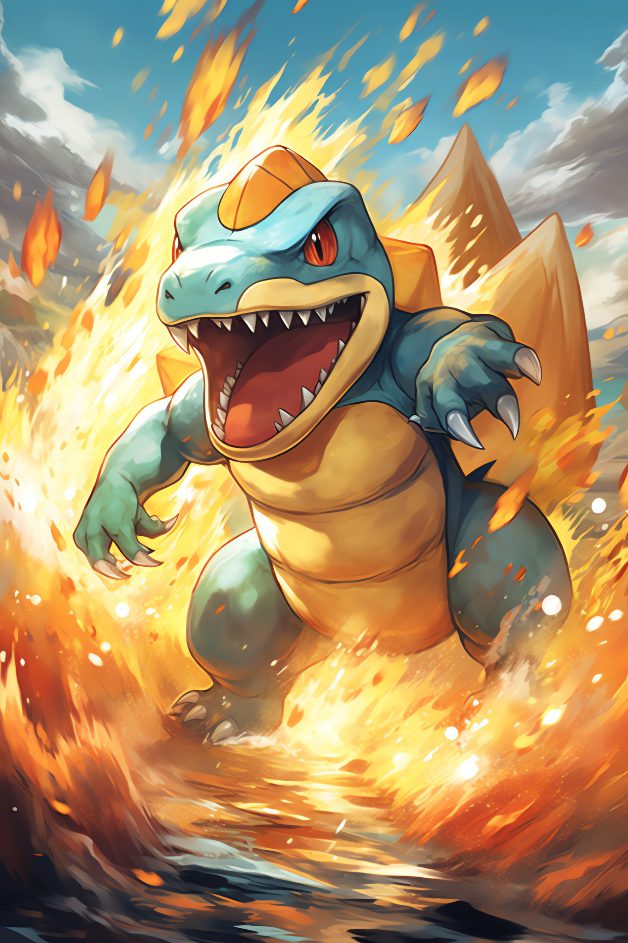 Totodile, Ferocious Pokmon, Crunch ability, Elemental flames, Dynamic videogame scene, HD Phone Image