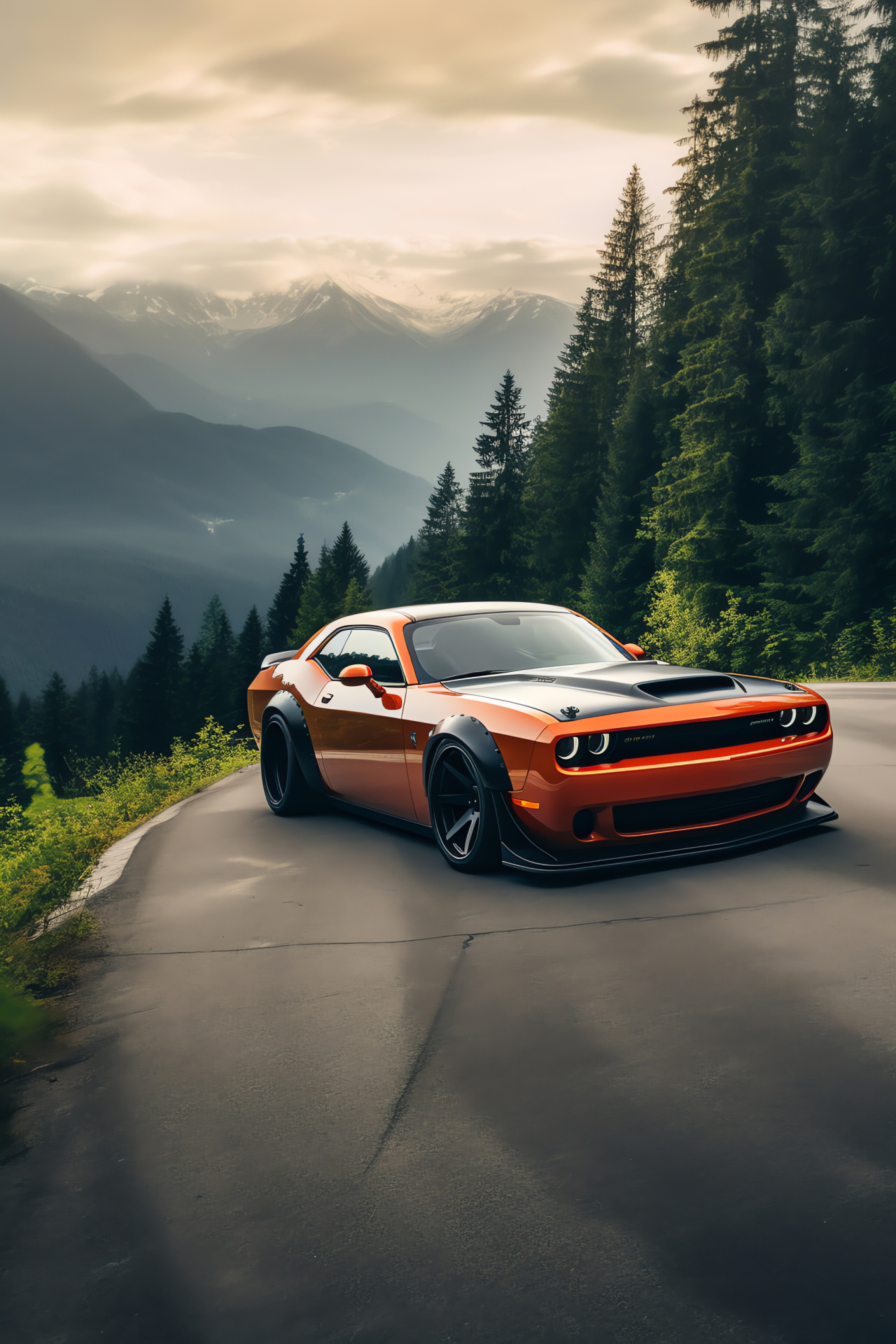 Dodge Challenger, Aggressive car contours, Mountain drive, Rocket Bunny flair, Automotive drifting, HD Phone Wallpaper