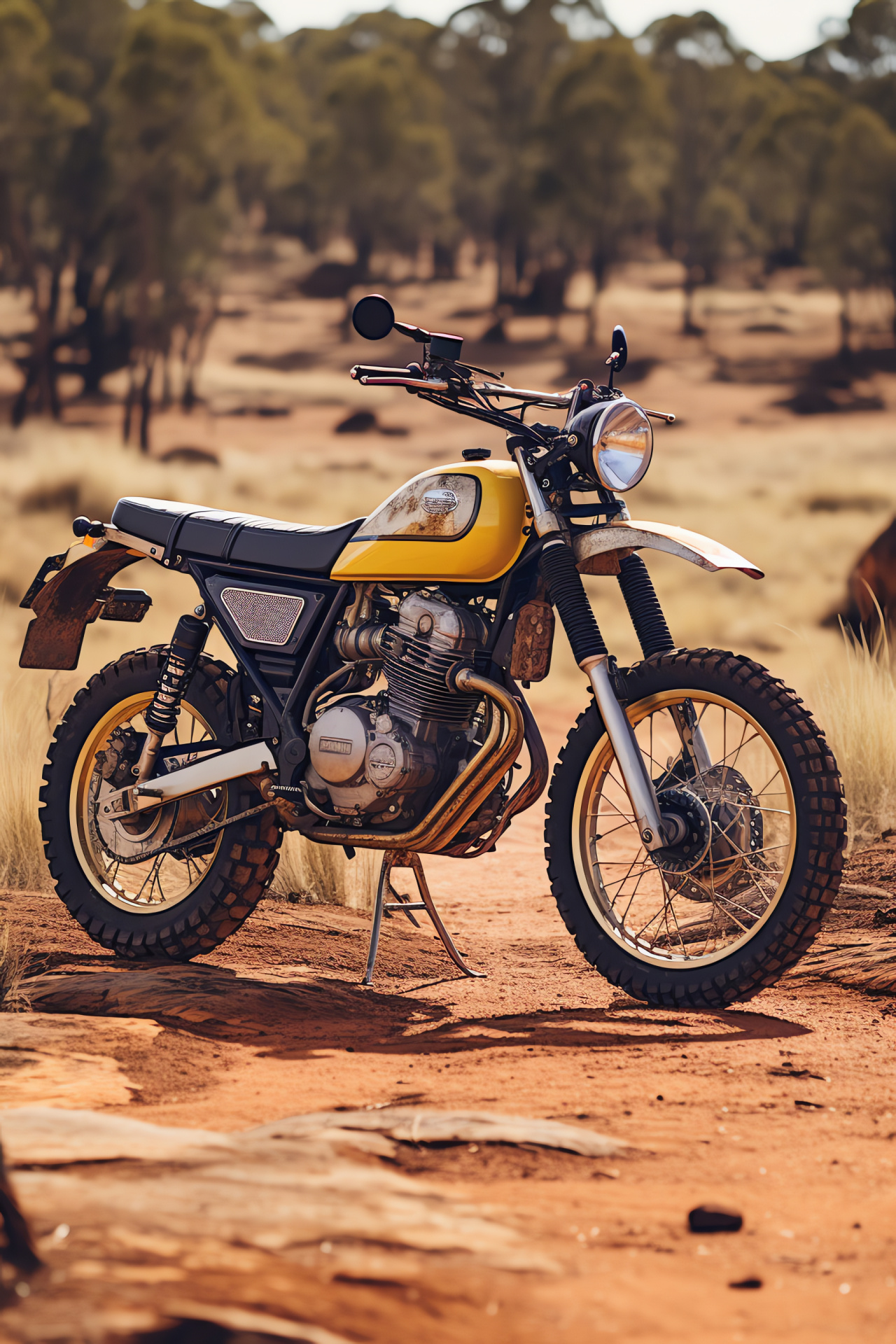 Yamaha XT500 in Outback, Australian adventure ride, Yellow-black XT500 scheme, Rugged outdoor motorcycle, Off-road Australian experience, HD Phone Image