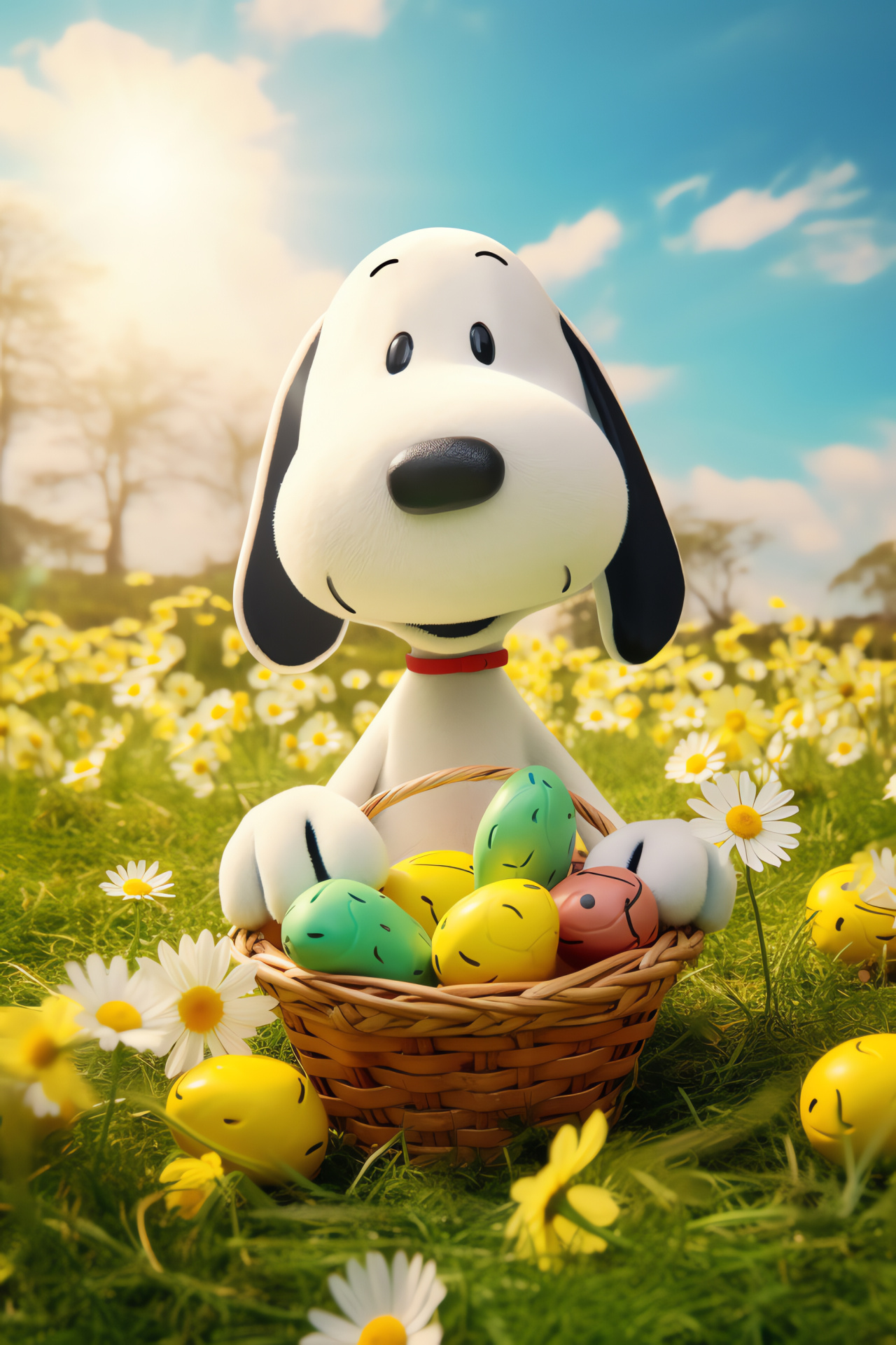 Easter celebration, cartoon dog role-playing, springtime meadow, festive trinkets, playful antics, HD Phone Wallpaper