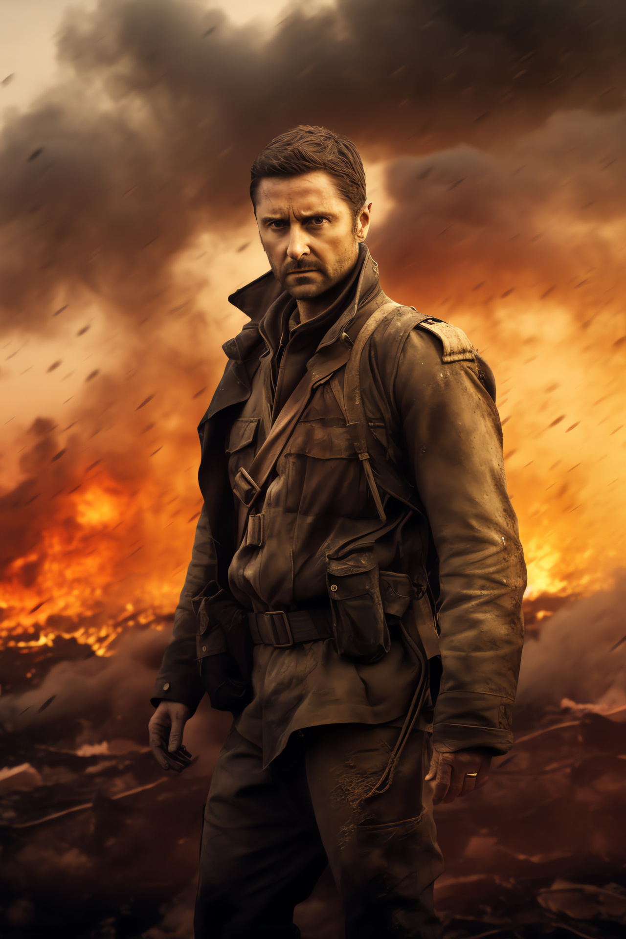 Richard Armitage scene, Epic battlefield, Action film atmosphere, Smoke obscured clash, Wartime cinematic capture, HD Phone Wallpaper