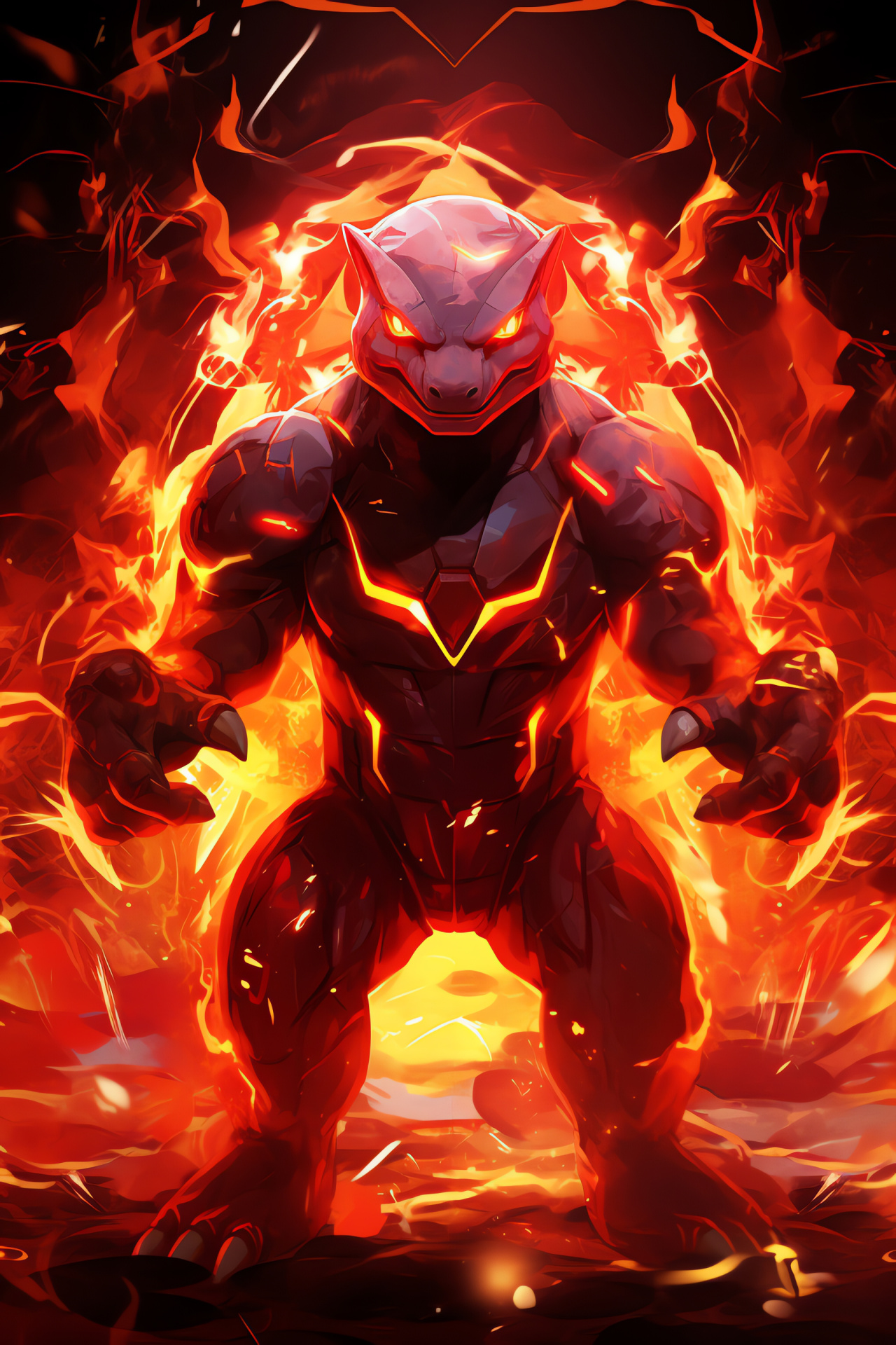 Charmeleon's fierce stance, red scales texture, determined Pokemon look, expansive panoramic scene, glowing environment, HD Phone Wallpaper
