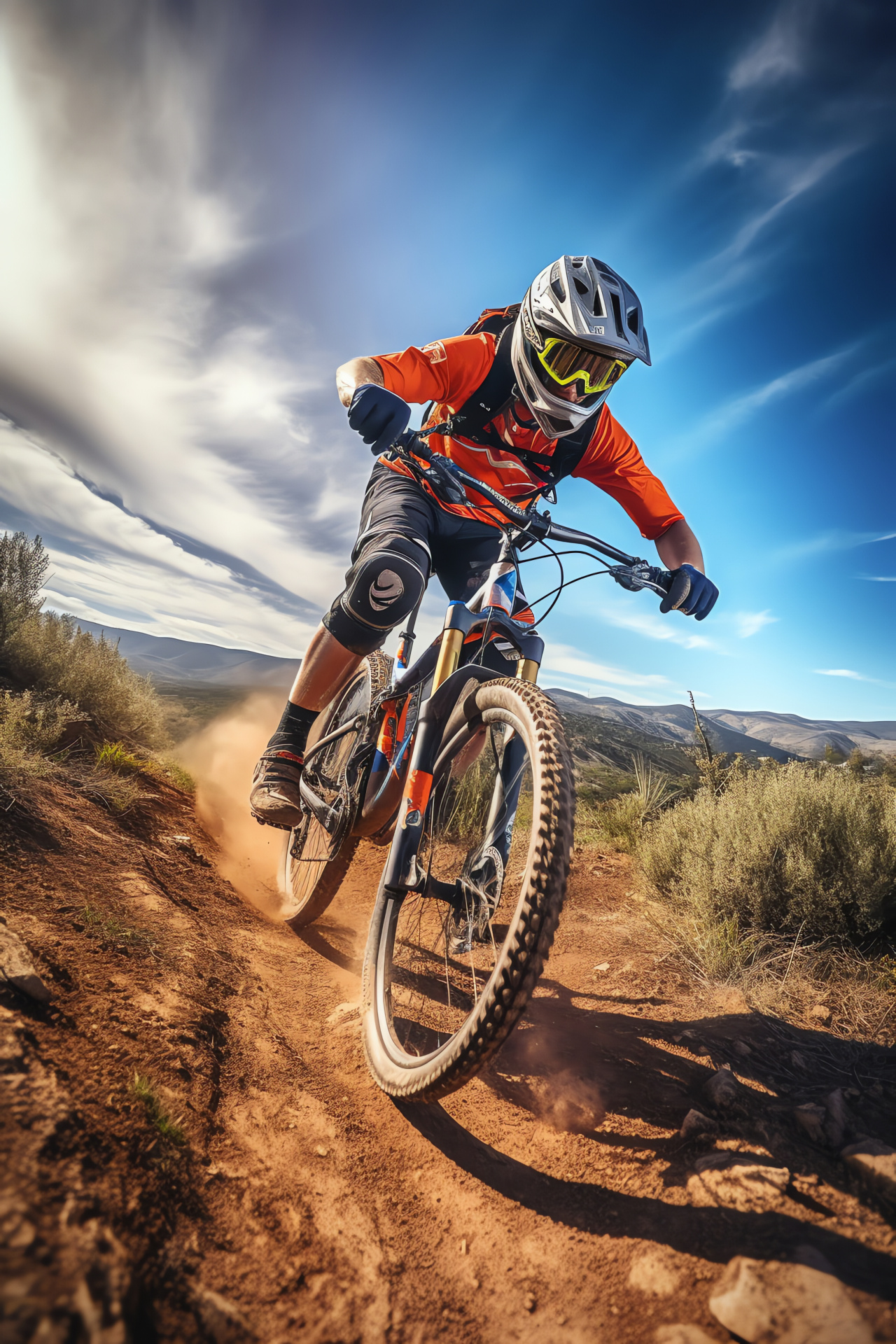 MTB epic journey, Idyllic scenic backdrop, Wide-angle biking, Colorful nature blend, Inspirational ride, HD Phone Wallpaper