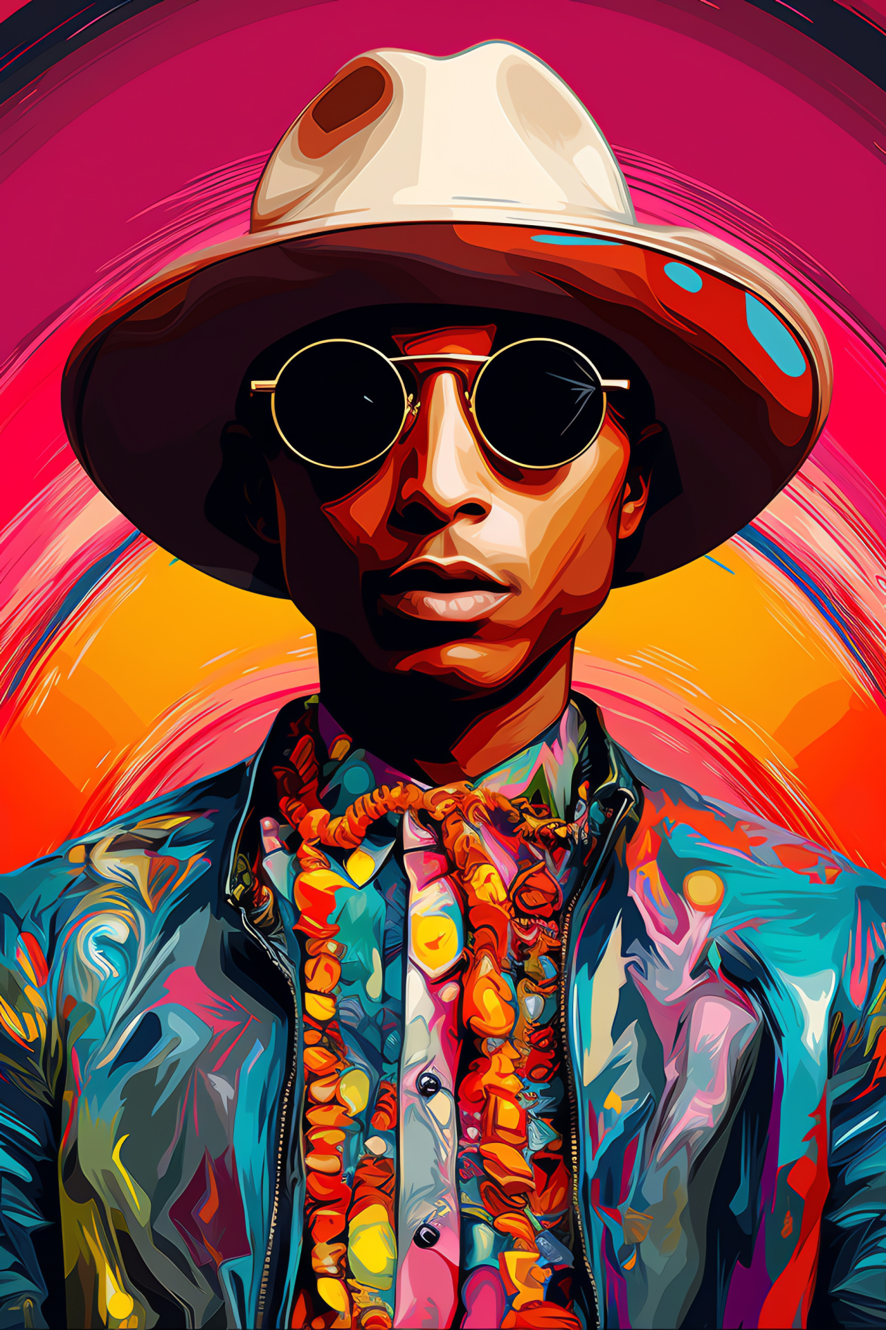 Style influencer Pharrell, Digital creativity, Artistic ensemble, Bold fashion statements, Garish hues, HD Phone Wallpaper