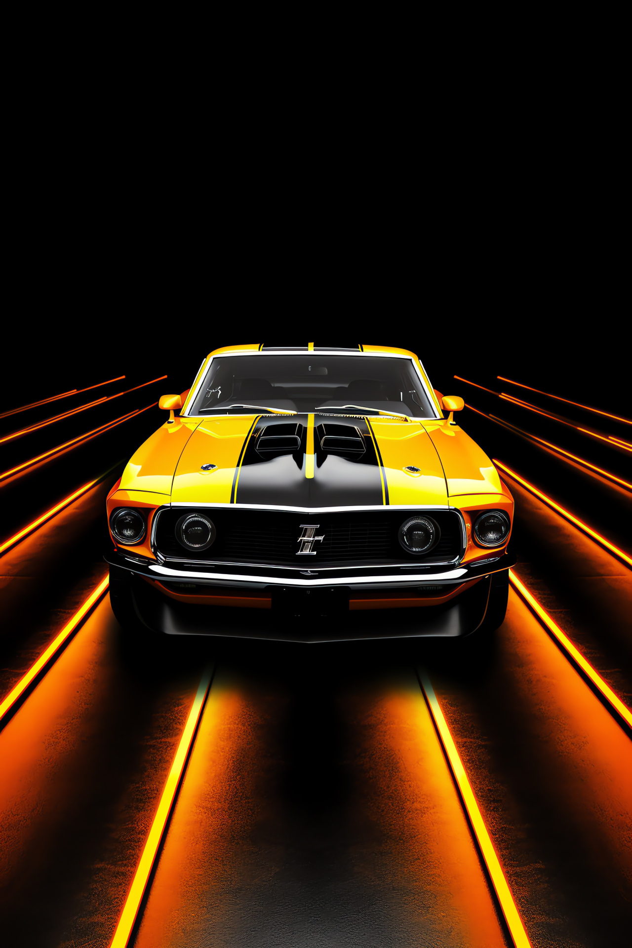 Vintage Ford Mustang Boss 302 1970, Muscle car, High-angle exposure, Neon illuminated lines, Yellow sports car, HD Phone Wallpaper