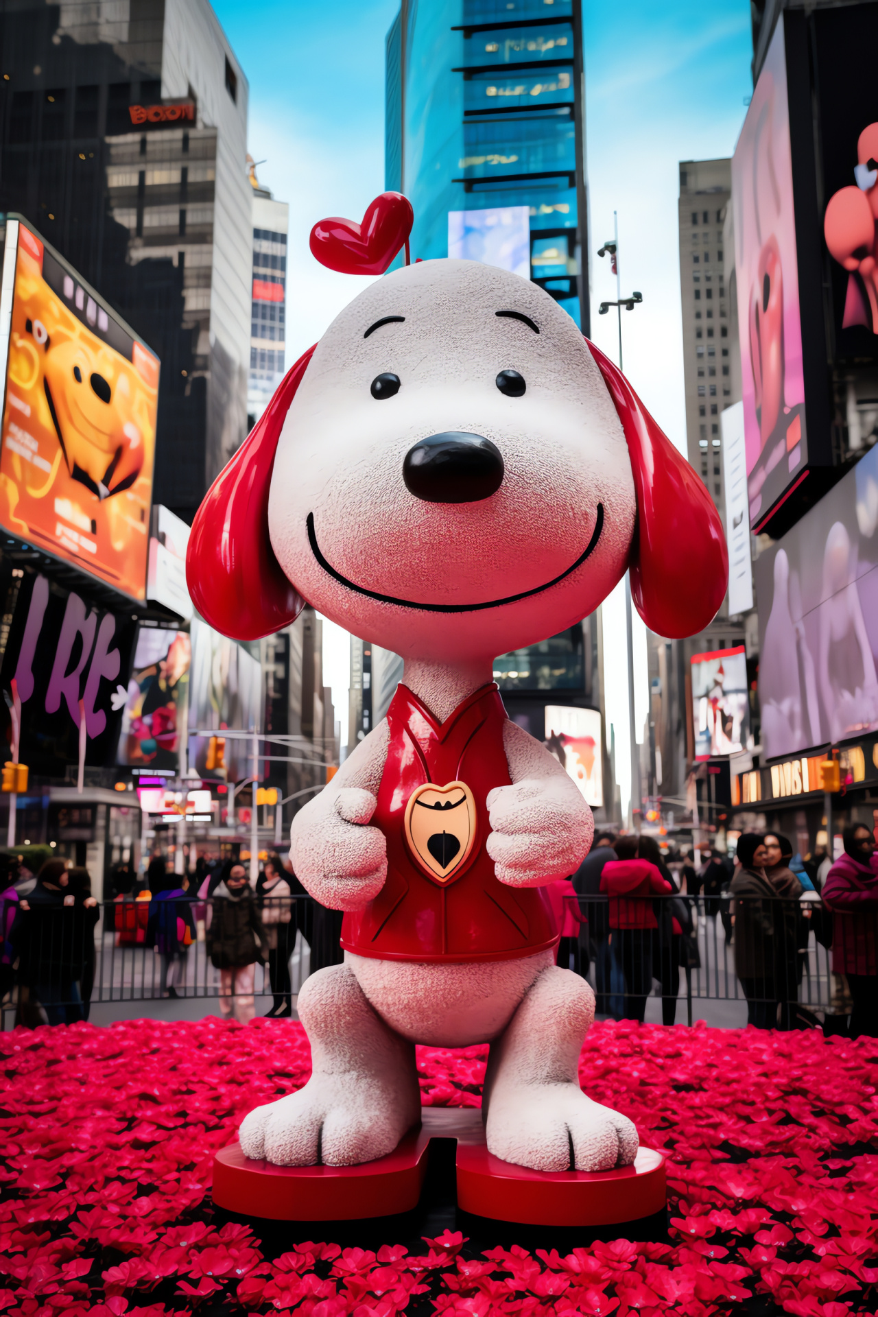 Valentine's Peanuts character, metropolis backdrop, iconic square, romantic thrill, amorous displays, HD Phone Image