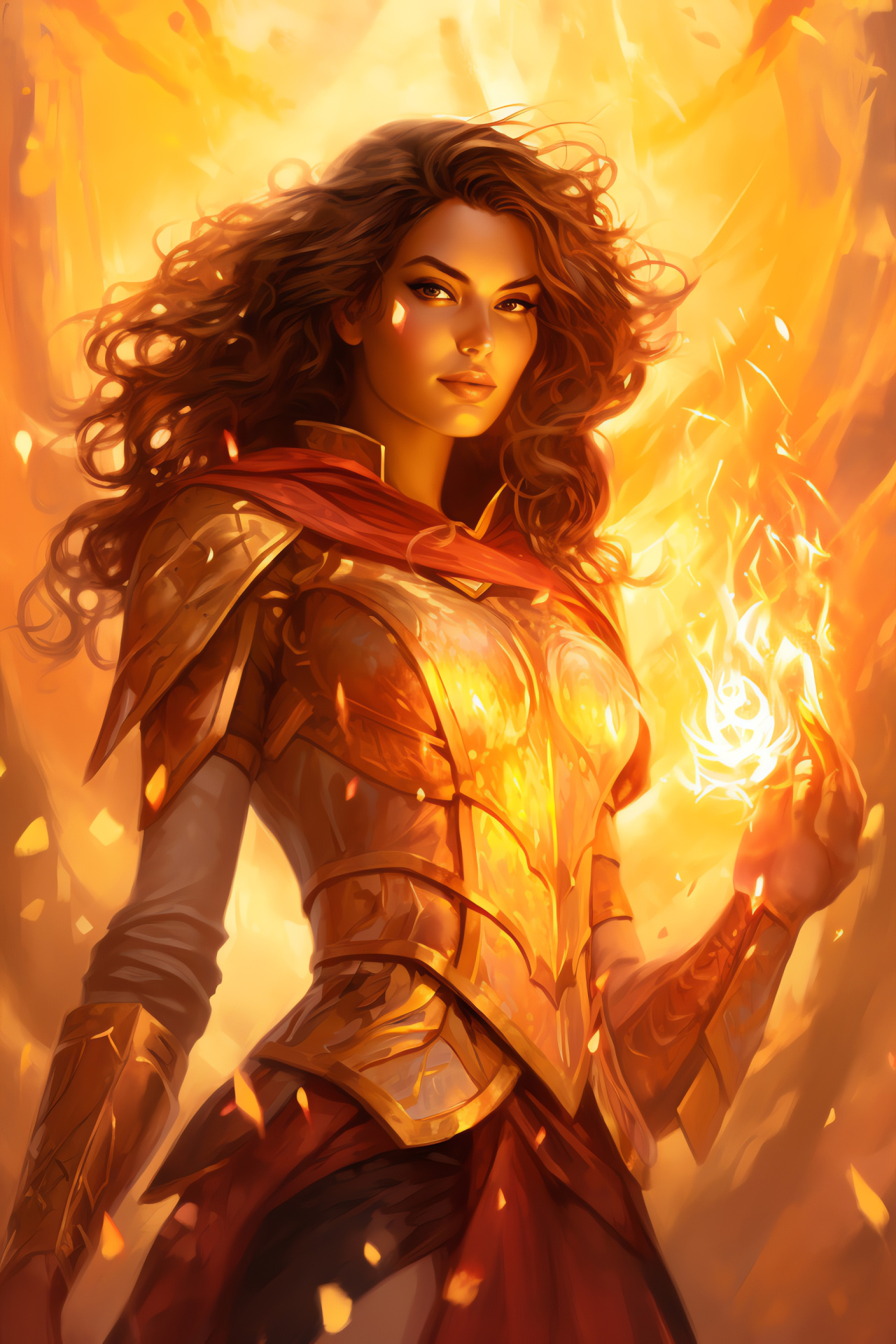 Elspeth Sun's Champion artwork, Magic The Gathering gaming, Protective golden armor, Sunlit background, Heroic stance, HD Phone Image