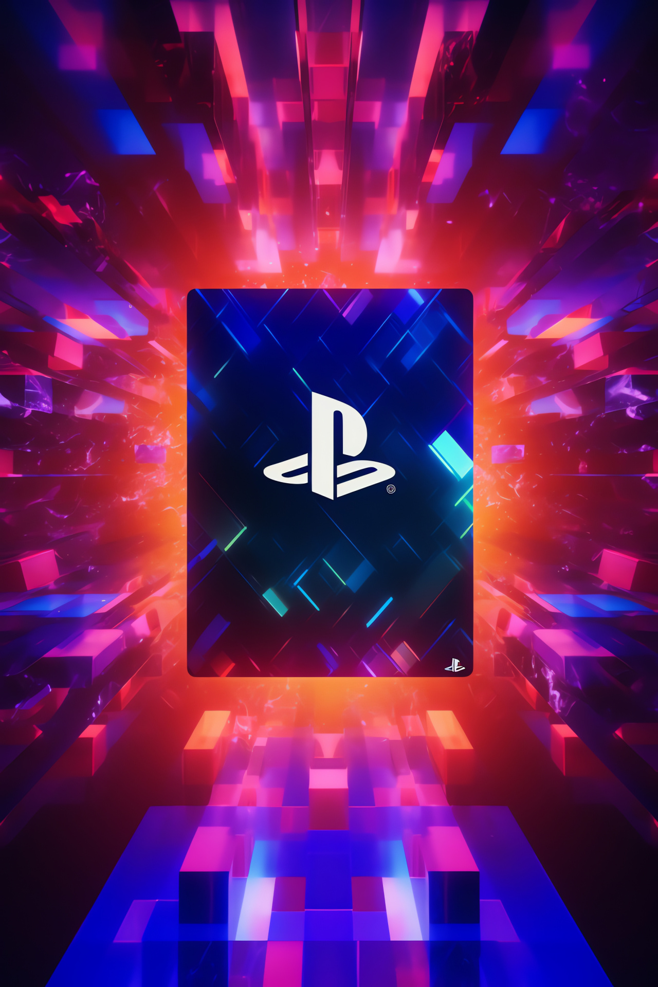 Sony platform logo, multifaceted geometry background, tangerine burst, cobalt depth, intricate motifs, HD Phone Wallpaper