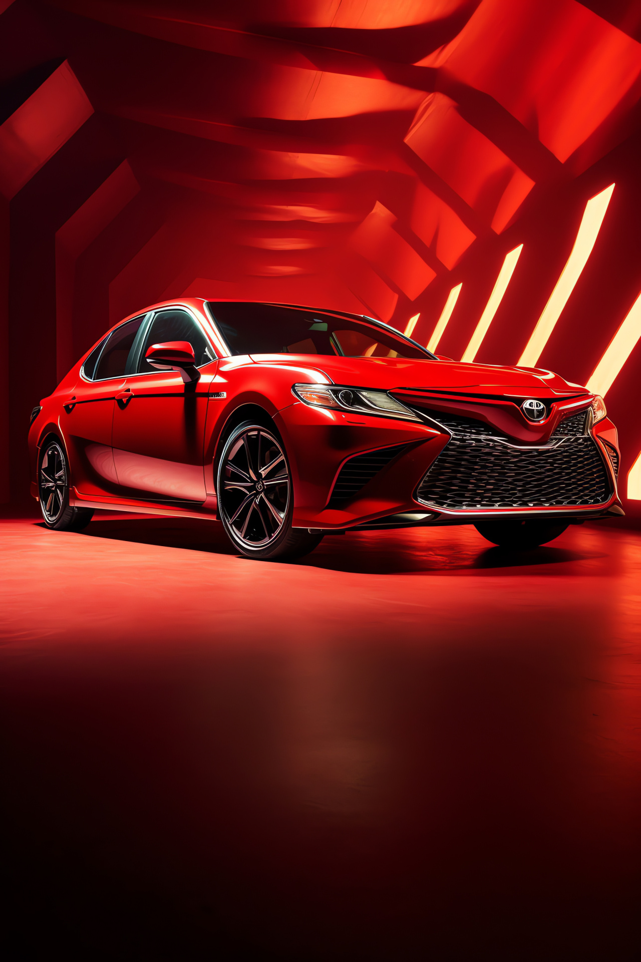 Toyota Camry TRD model, Dynamic sedan silhouette, Sharp crimson paintwork, Race-bred features, Automotive excellence, HD Phone Wallpaper