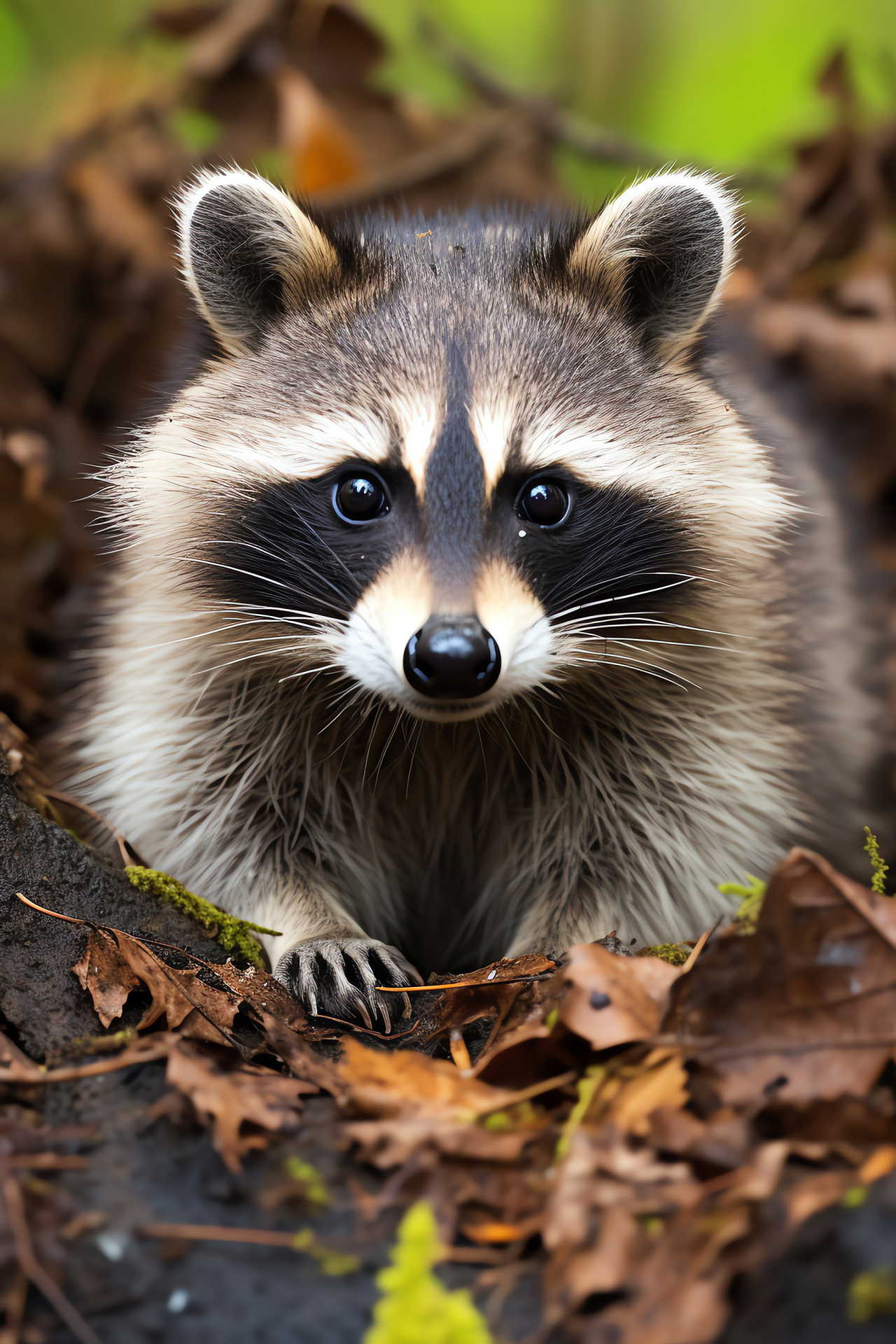 Raccoon, sharp gaze, resourceful forager, silvery pelage, jet-black background, HD Phone Image