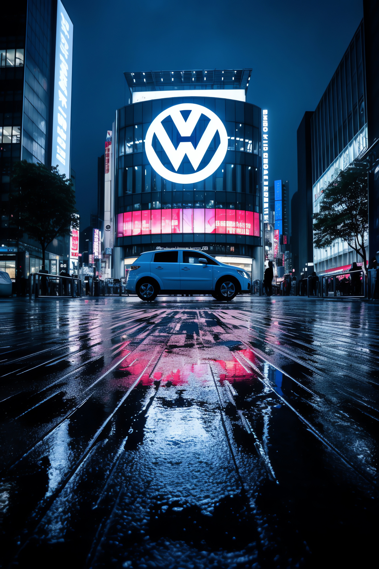 Volkswagen insignia, Shibuya Tokyo, Urban environment, Digital advertising, Automotive iconography, HD Phone Image