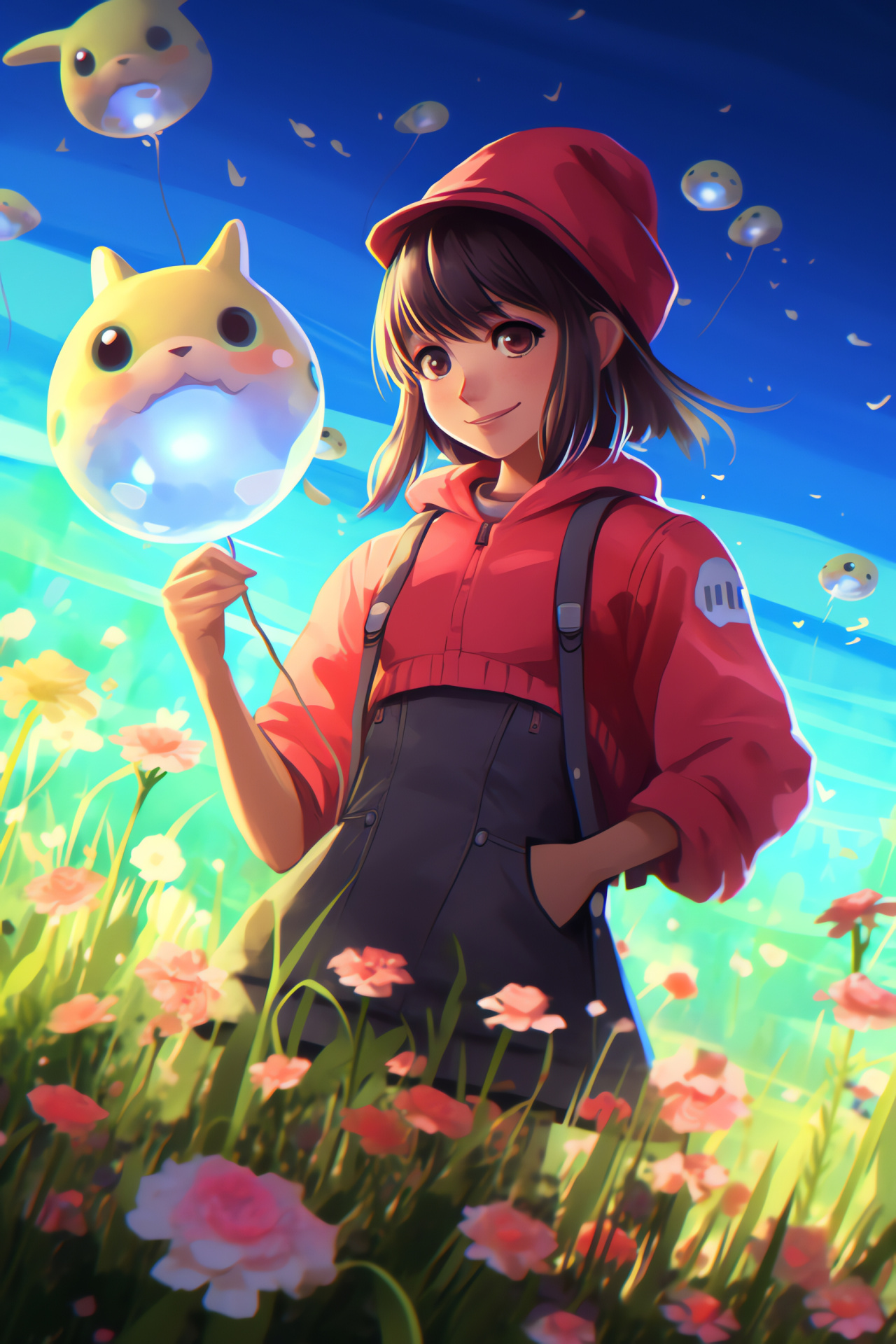 Pokemon May, trainer journey, verdant landscape, spring blooms, Pikachu companion, HD Phone Image