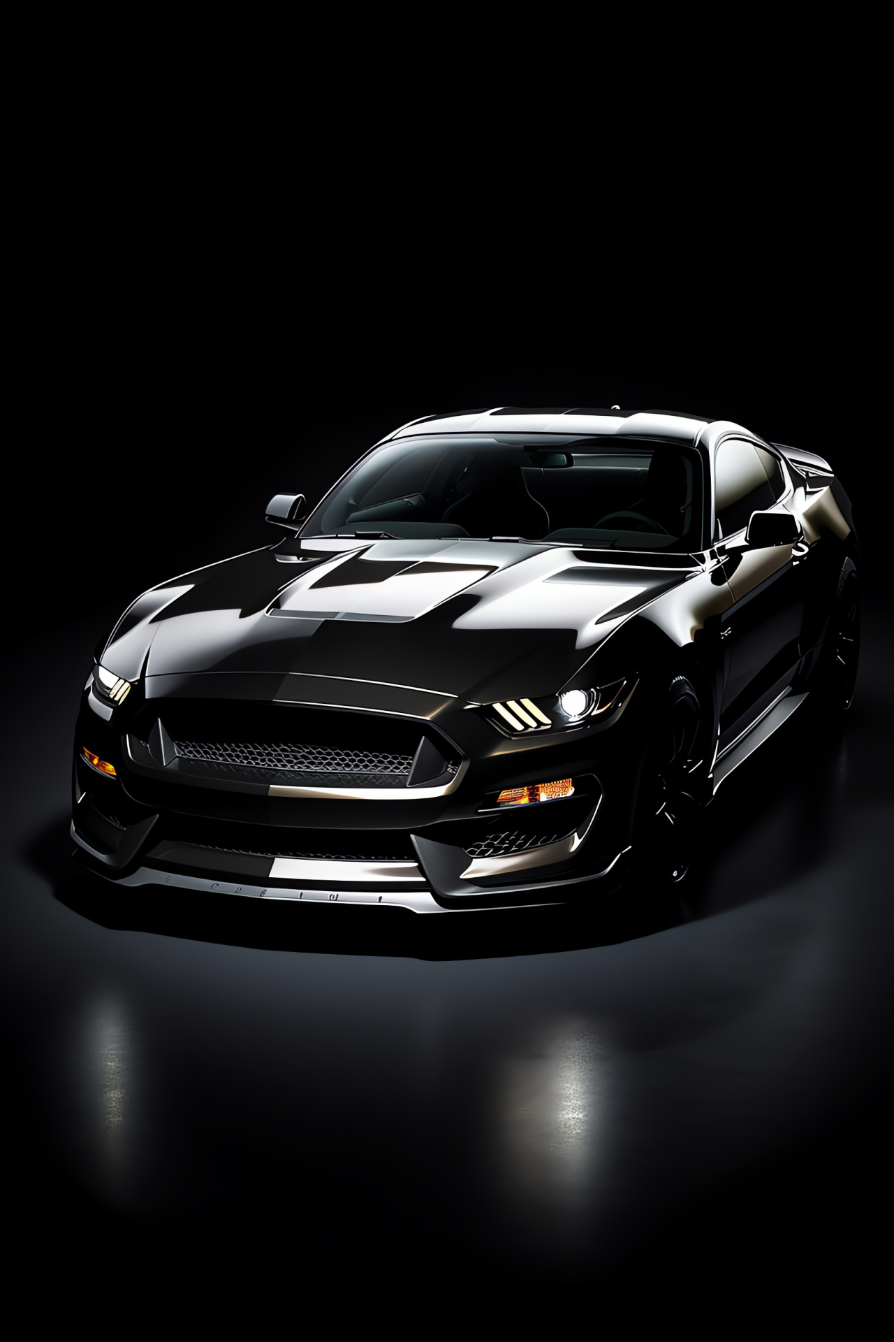 Mustang GT350, Premium black finish, Elevated vehicle view, High-contrast presentation, Automotive aesthetic excellence, HD Phone Image