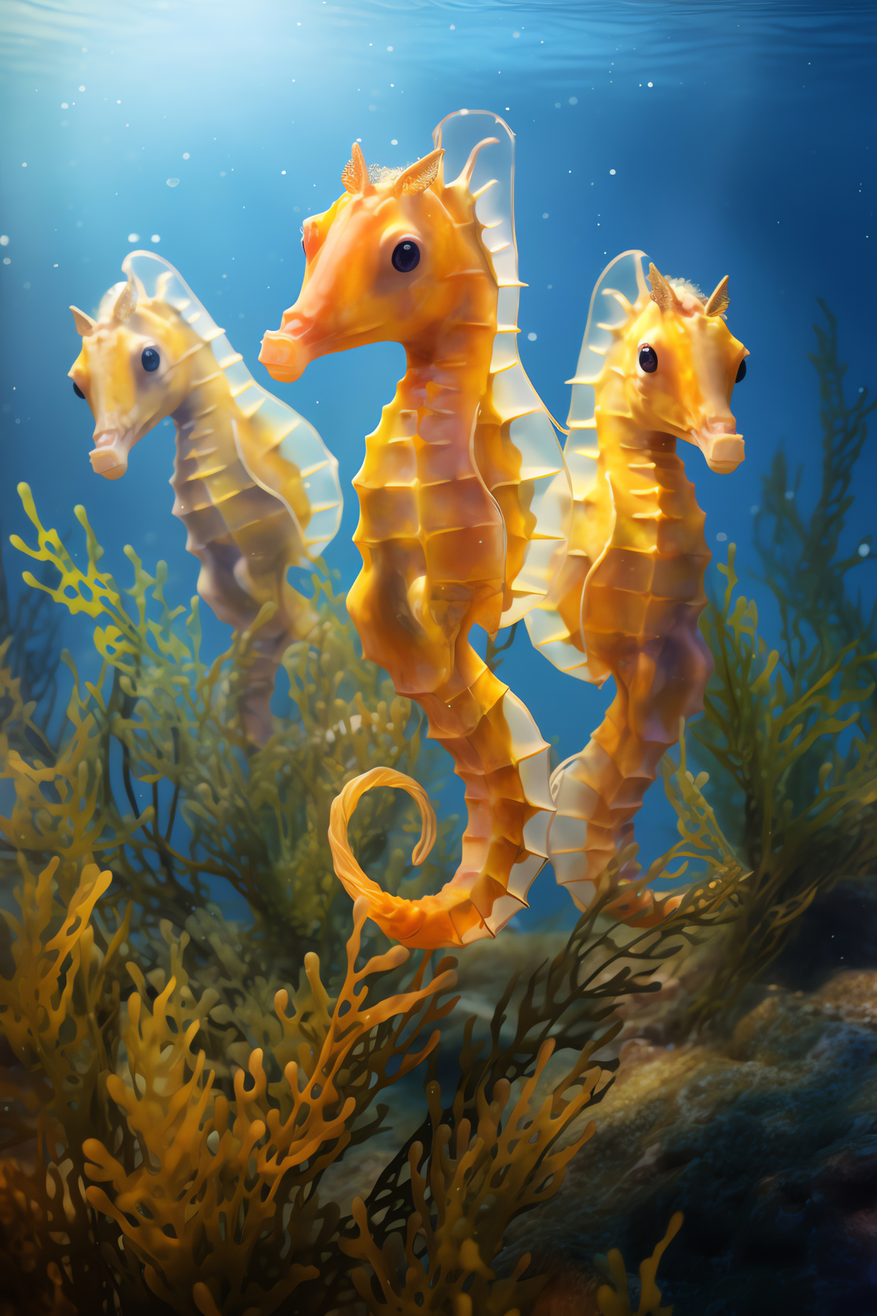 seahorses, Mediterranean variety, yellow, orange, pink hues, black gaze, seagrass habitat, HD Phone Image