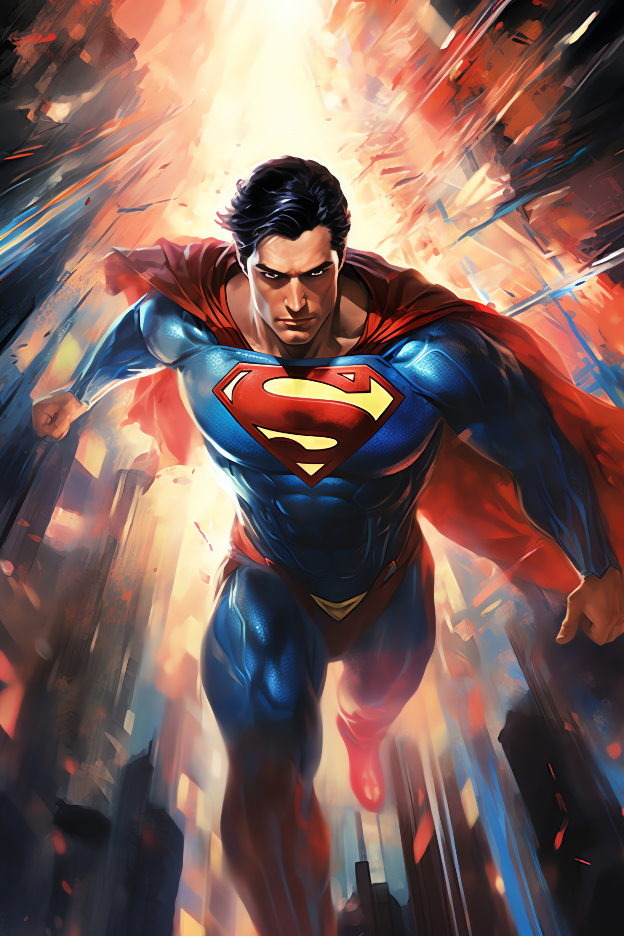 New Superman depiction, Superhero metropolis, Advanced urban landscape, Aerial vehicles, DC universe, HD Phone Image