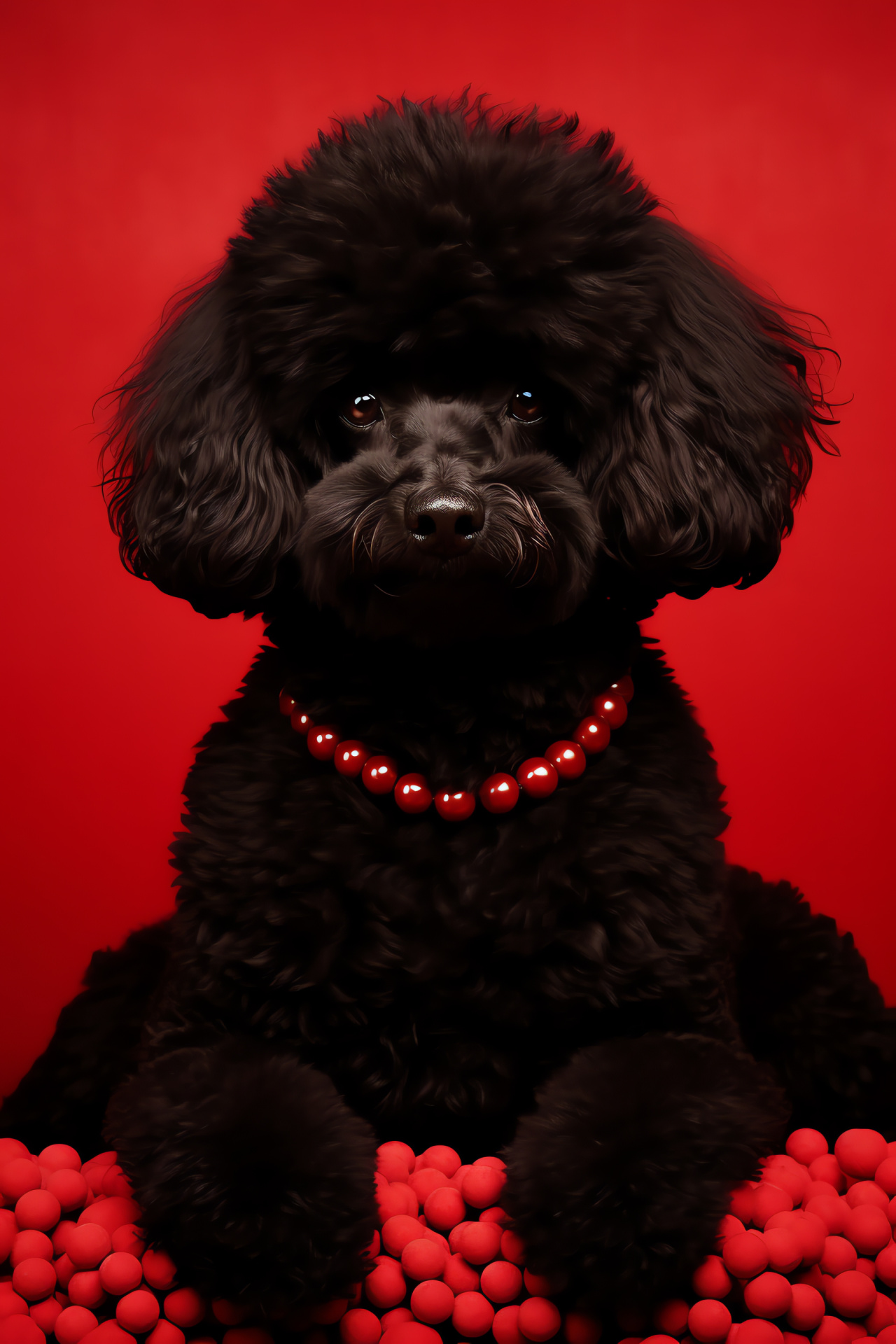 Elegant Poodle stance, High-angle Poodle view, Black fur texture, Poodle tail's pom-pom, Red backdrop distinction, HD Phone Wallpaper