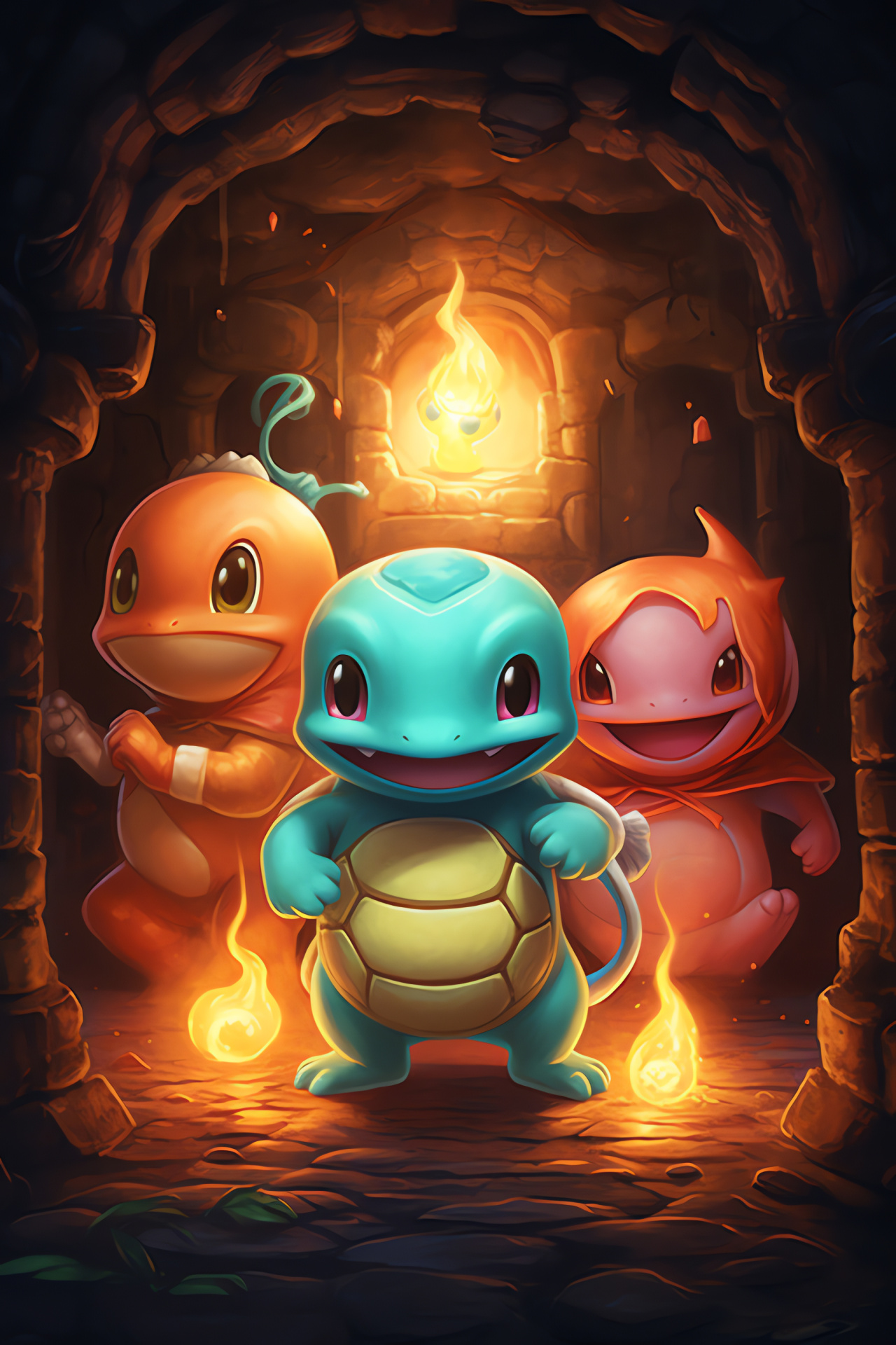 Pokemon team adventure, Charmander flame, Squirtle shellback, Bulbasaur vines, Dungeon exploration, HD Phone Wallpaper