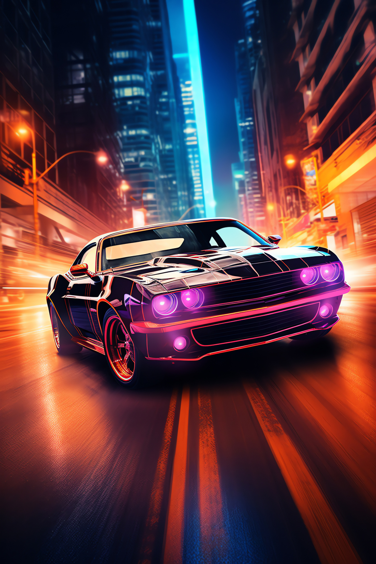 Muscle Car, Futuristic cityscape, Innovation in motion, Aerodynamic profiles, Urban night lights, HD Phone Image