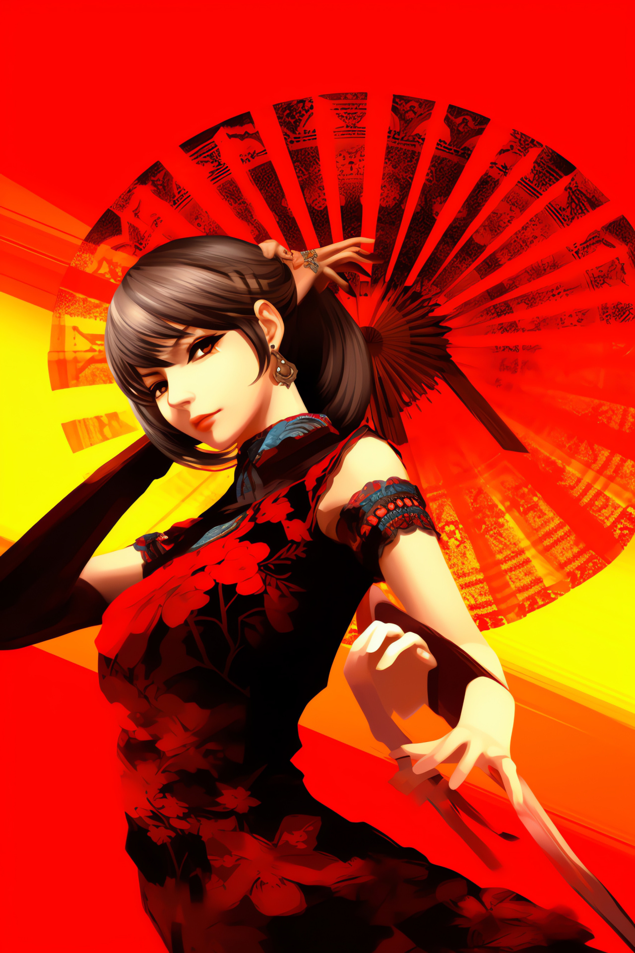 Gentle persona Yukiko, Traditional Japanese elegance, Fan-wielding battle, Inaba character, Solid crimson art, HD Phone Wallpaper