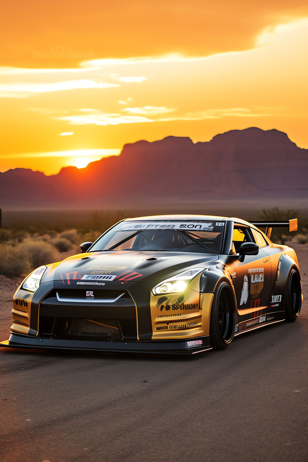 Nissan GTR Liberty Walk, Historic Route 66, Engine performance showcase, Evening ambiance, Authentic American eateries, HD Phone Wallpaper