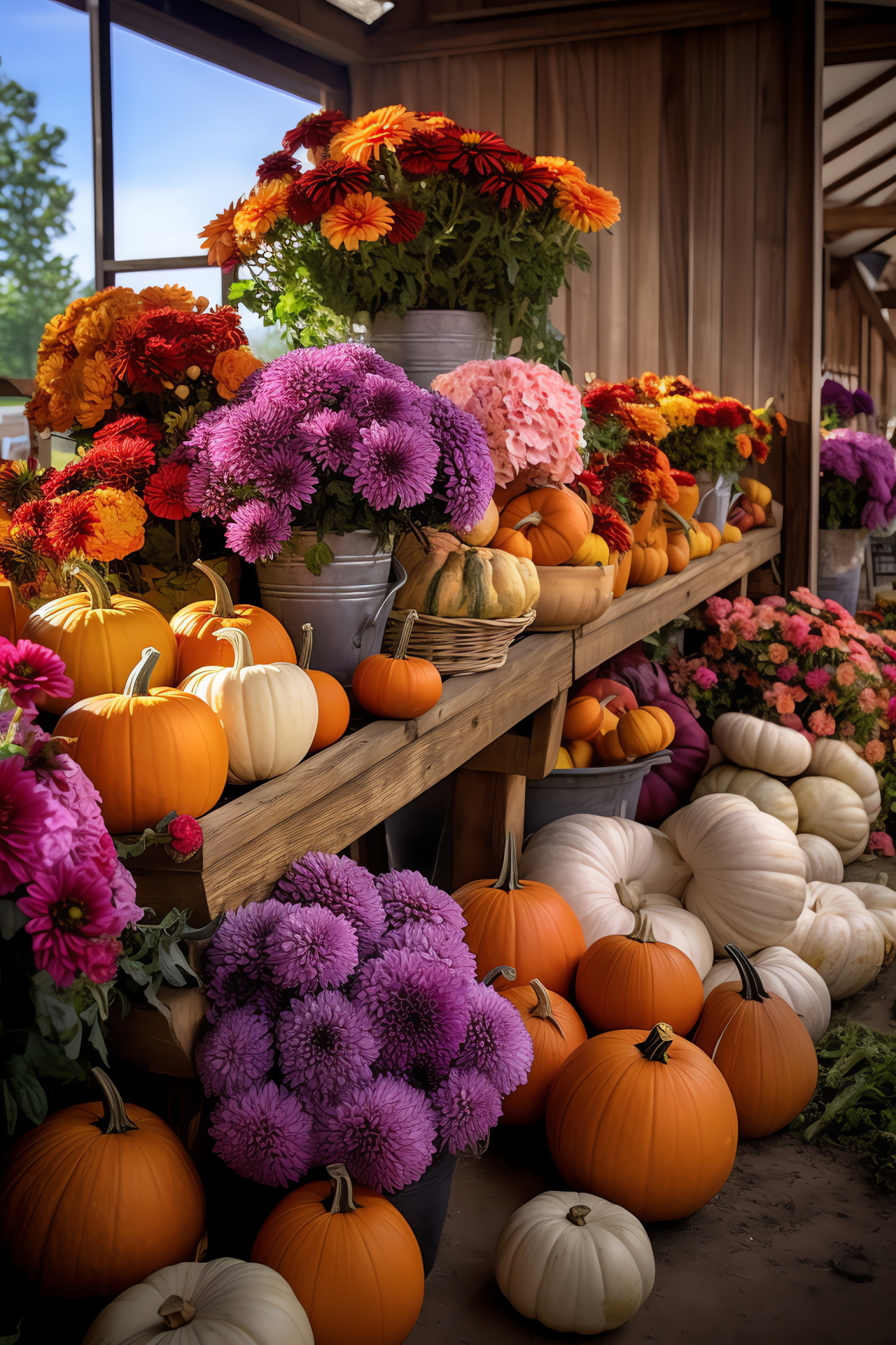 Rustic charm, seasonal display, farmhouse ambiance, floral abundance, autumnal tribute, HD Phone Image