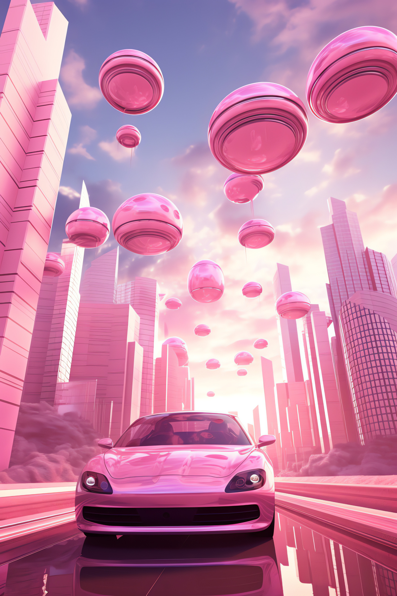 Future concept Pink hovercar, City skyline ahead, Imaginative transport design, Science fiction scenery, Color-blend floating car, HD Phone Image