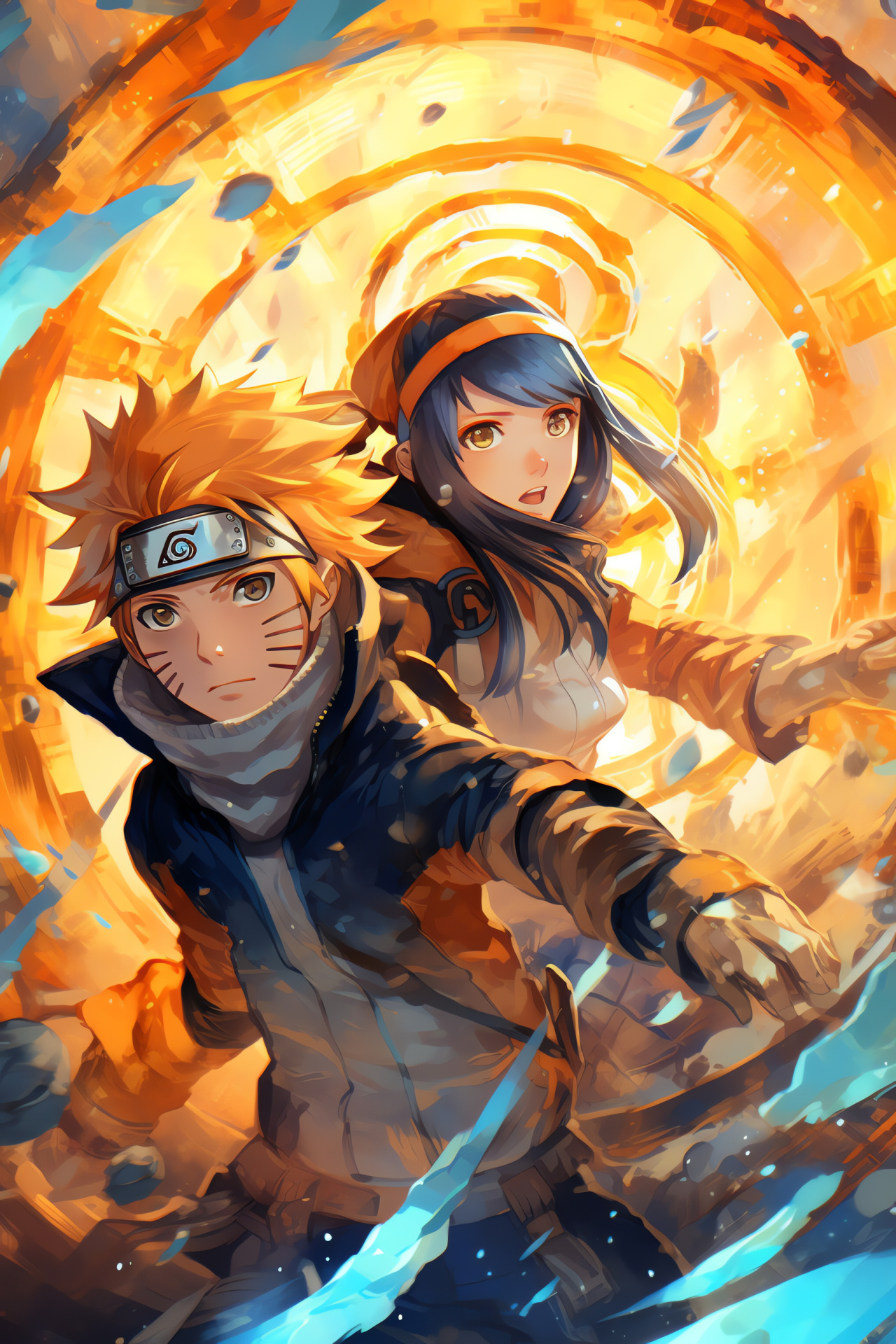 Naruto Uzumaki, Hinata Hyuga, aerial combat, ninja skills, chakra display, HD Phone Image