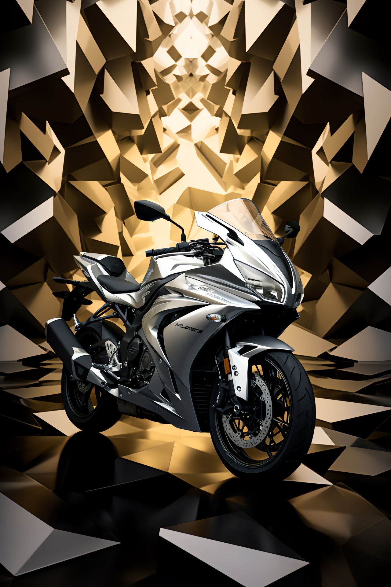 Suzuki GSXR 750, Abstract pattern background, Silver sportbike, High-angle motorcycle shot, Geometric aesthetics, HD Phone Wallpaper