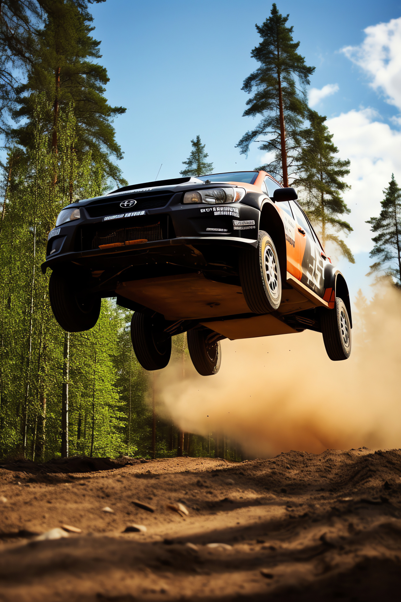Rally Car, Rally Finland event, Motorsport action, Aerial stunt, Vehicle dynamics, Forest trail, HD Phone Image