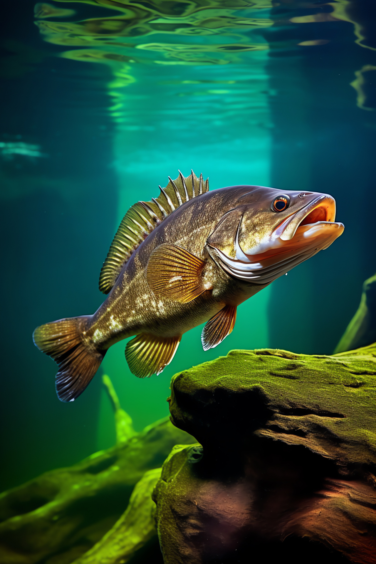 Submerged Smallmouth Bass, Calm freshwater vista, Aquatic habitat composition, Underwater scenery, Riverbank ecosystem, HD Phone Wallpaper