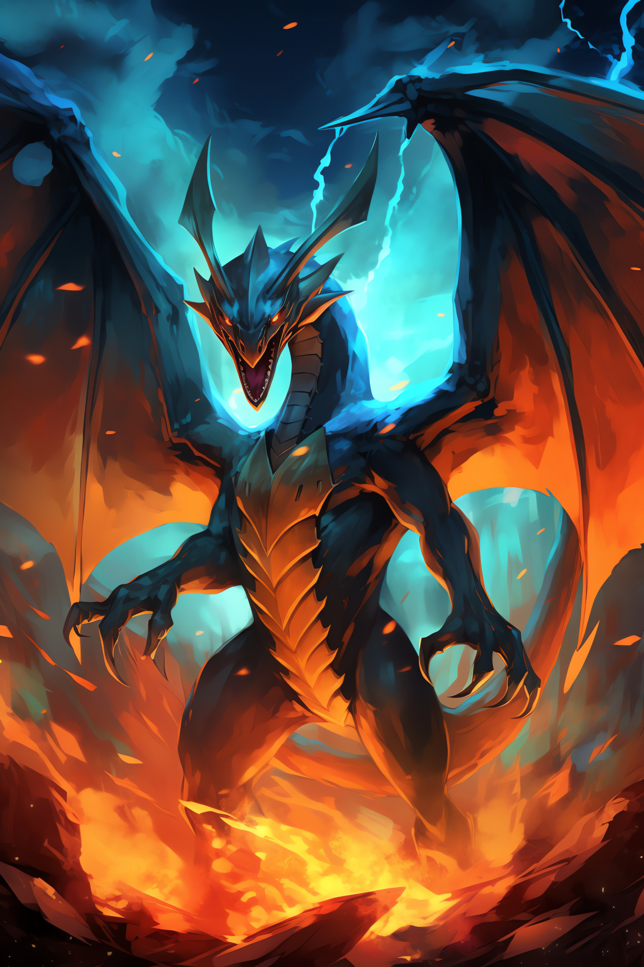 Mega Charizard inferno, Vermilion and amber overlay, Cobalt gaze, Expansive pinions, Stance determination, HD Phone Image