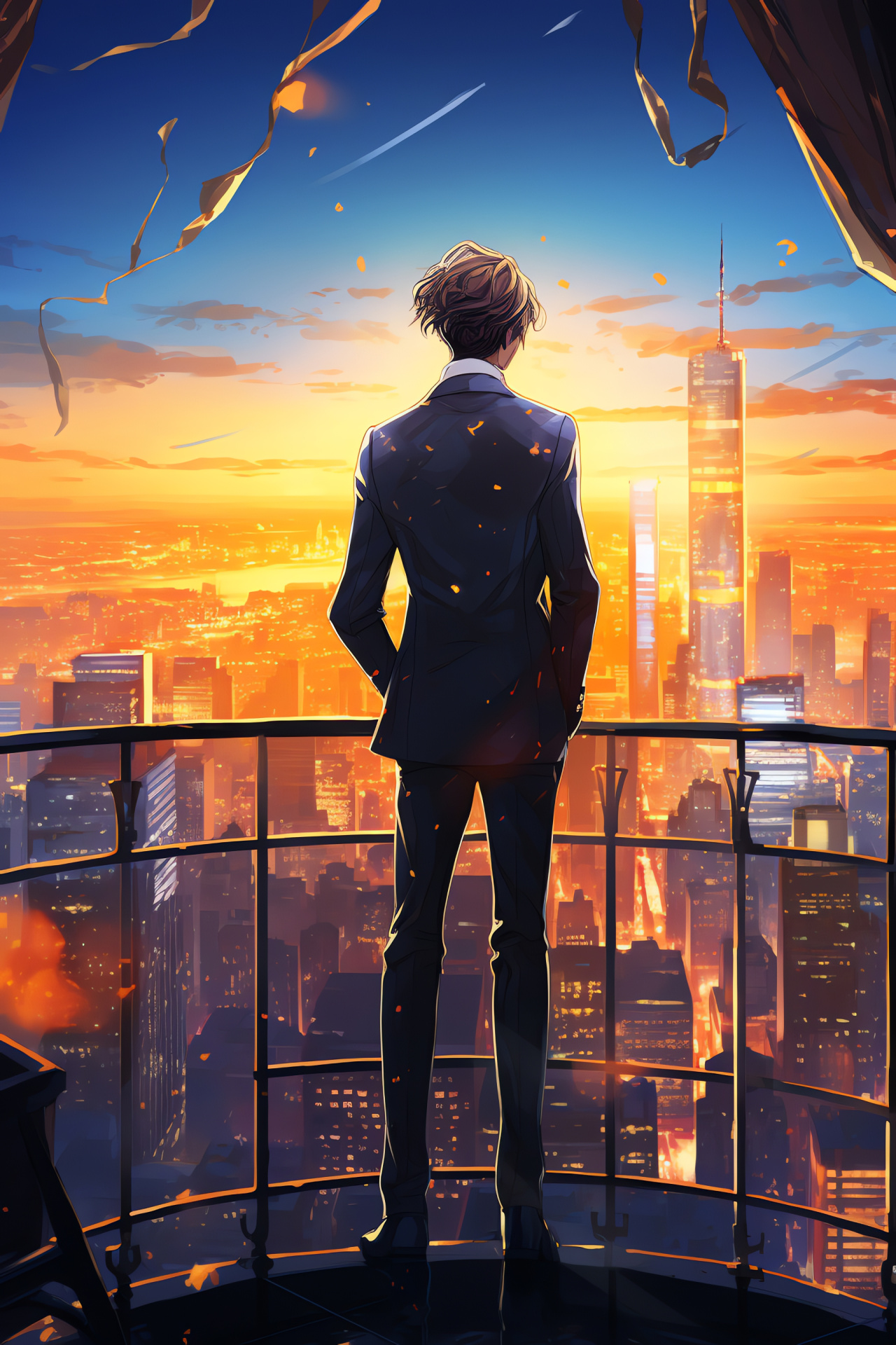 Mystic Messenger Jumin scene, Opulent penthouse residence, Urban skyline backdrop, Sophisticated character attire, Interactive narrative, HD Phone Image