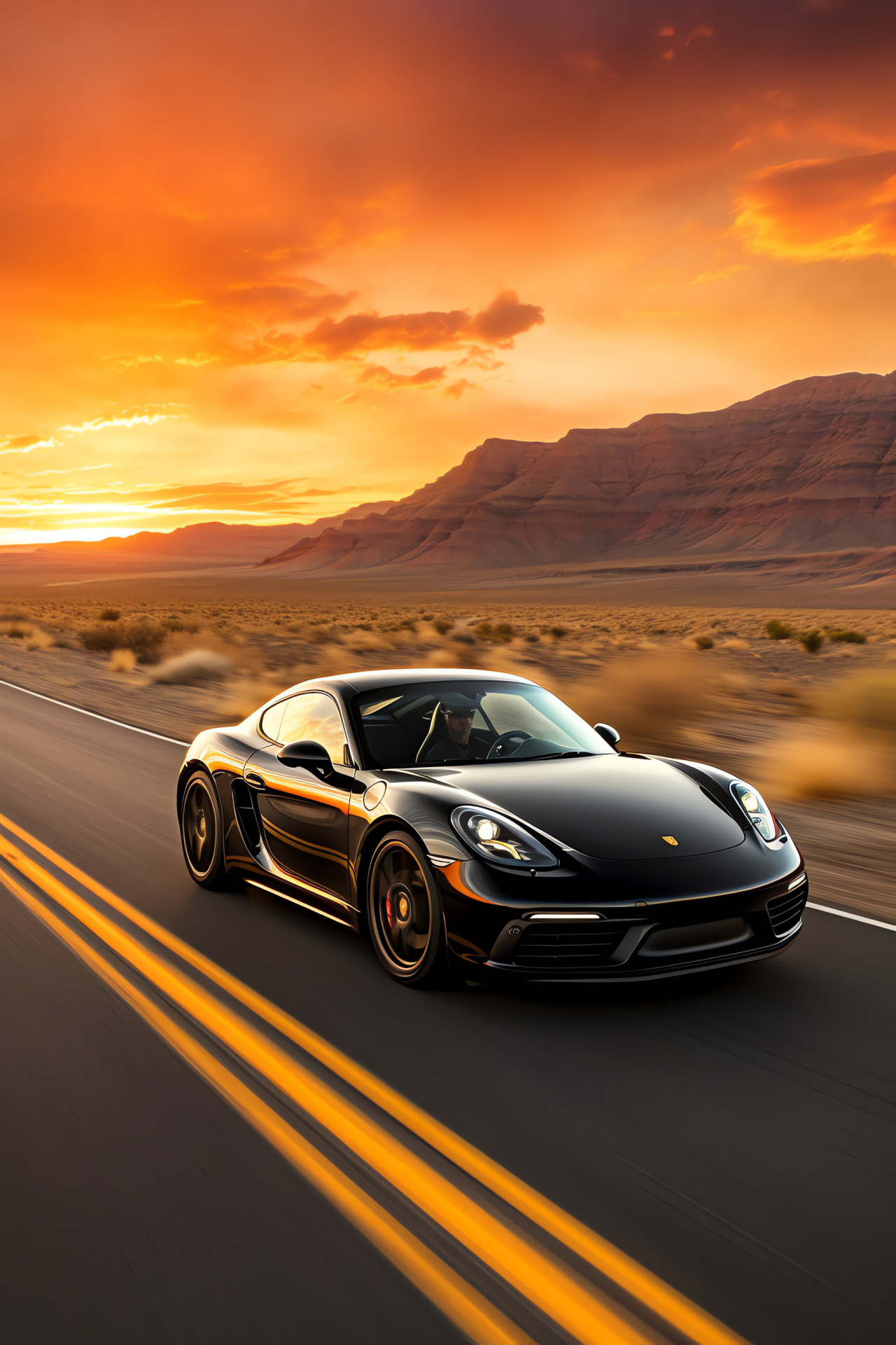 Porsche Cayman S, Historic Route 66, Performance vehicle, Sunset hues, American journey, HD Phone Wallpaper