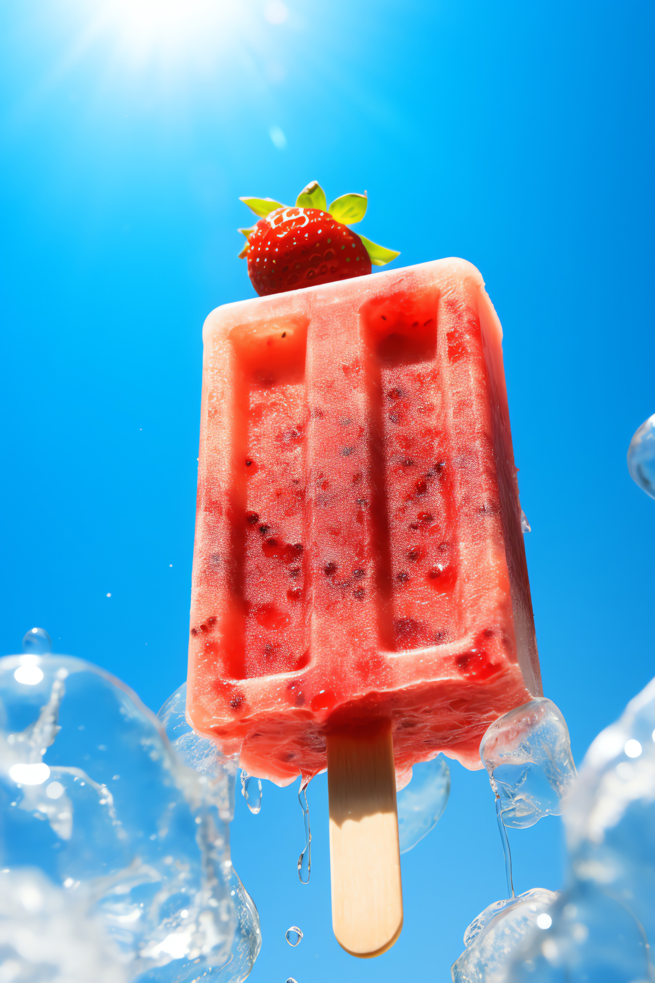 Iced strawberry treat, summer refreshment, fruit-infused popsicle, clear skies, frozen snack, HD Phone Wallpaper