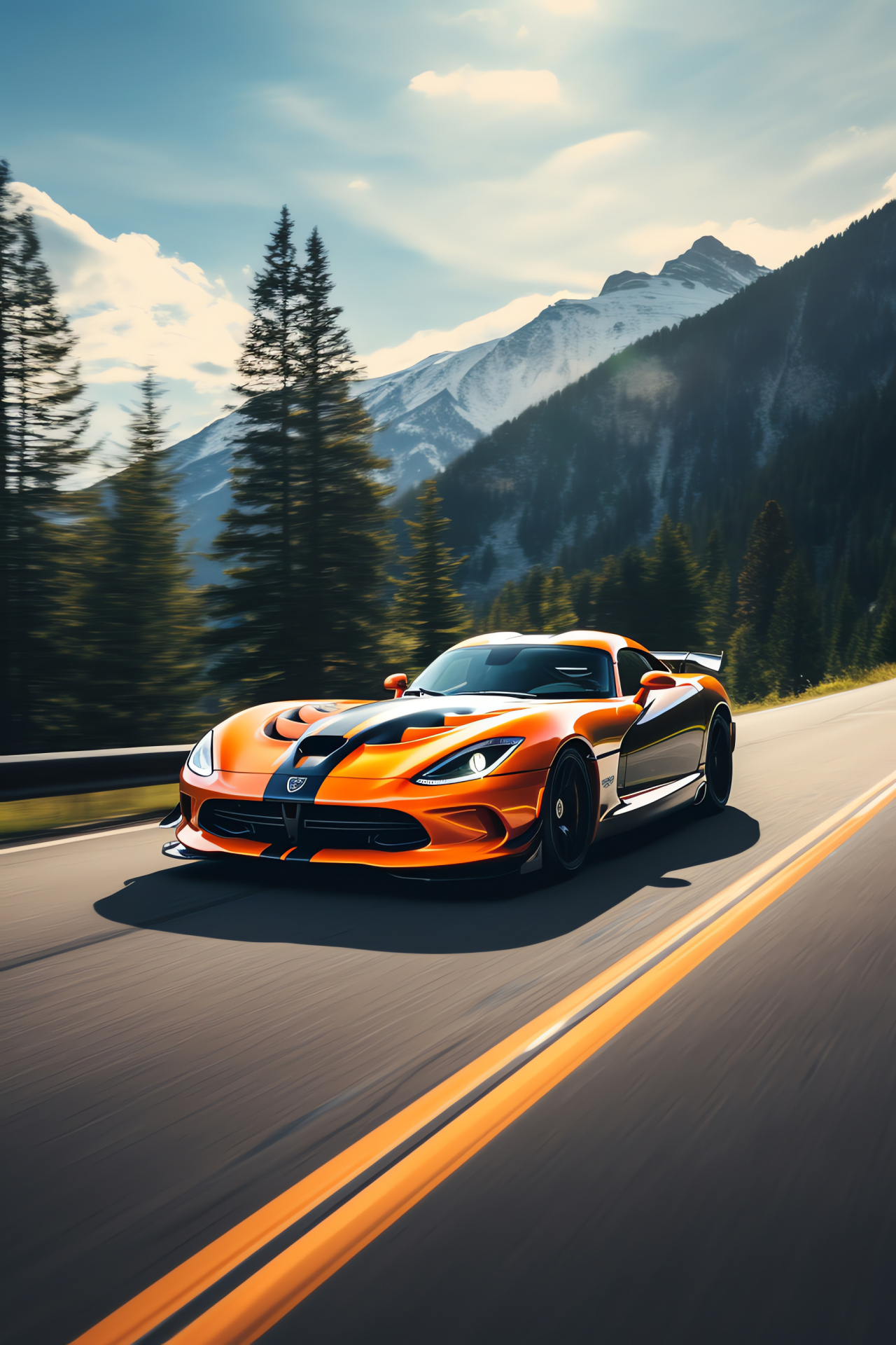 SRT Viper GTS-R, Mountainous backdrop, Orange-black finish, High-performance model, Scenic drive, HD Phone Wallpaper