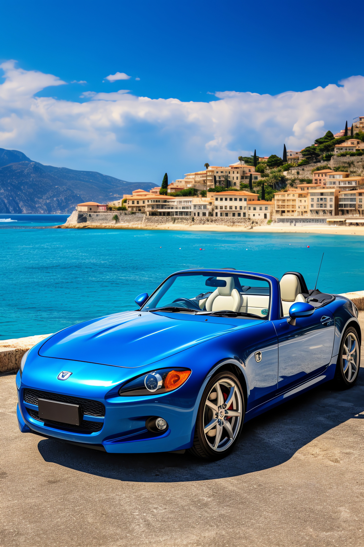 Coastal charm, Honda S2000 GT, Seaside motoring, Tourist destination, Blue sports car, HD Phone Image