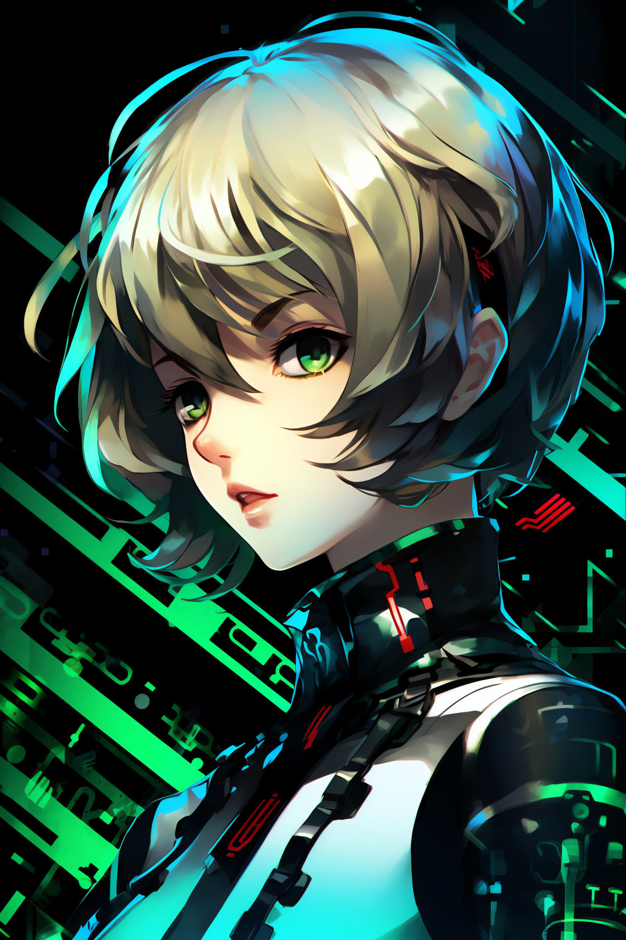 Persona 3 Aigis, Piercing gaze, Mechanical sentinel, Stark contrast, Advanced AI, HD Phone Image