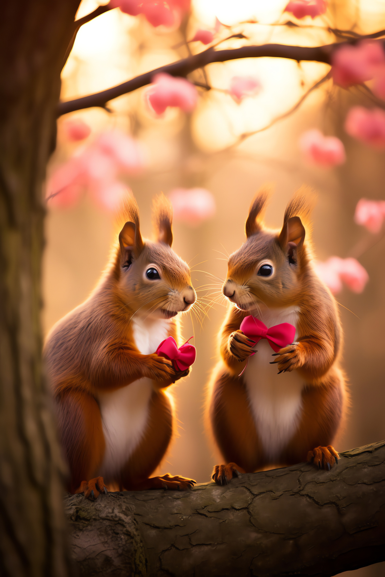 Tree-dwelling rodents, Scarlet festive attire, Blush-colored accessories, Oak tree delicacies, Love-themed wildlife, HD Phone Image