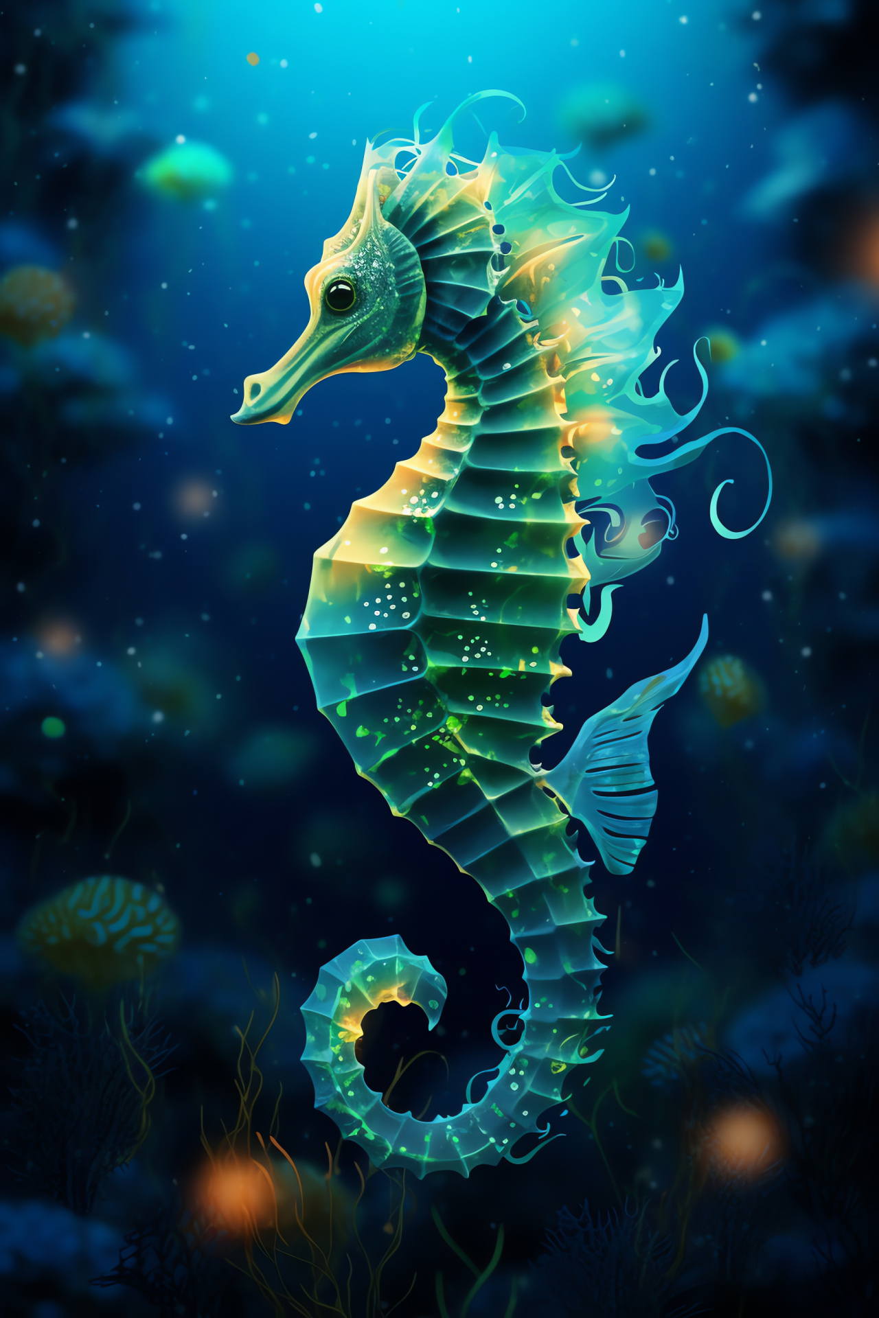 Neon green seahorse, Ocean glow-in-dark, Bioluminescence phenomenon, Deep sea habitat, Luminous blue-eyed creature, HD Phone Wallpaper